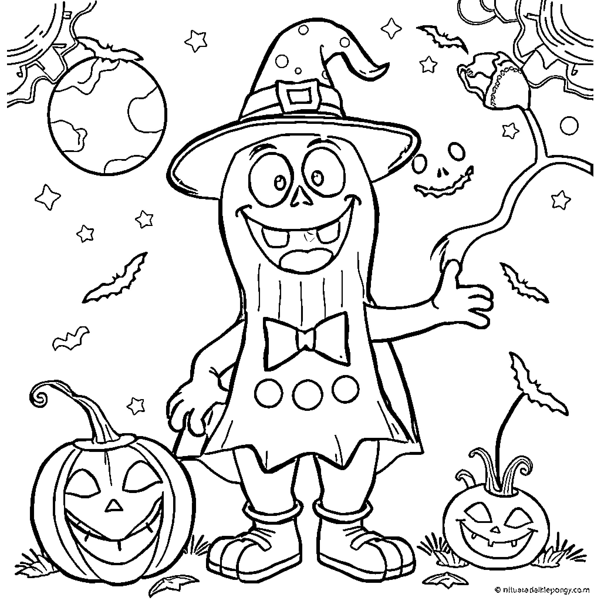 Blippi's Spooky Halloween Adventure Coloring Page (free black-and-white line drawing printable PDF for all, from beginners to advanced learners, including children, teens, adults, and seniors)