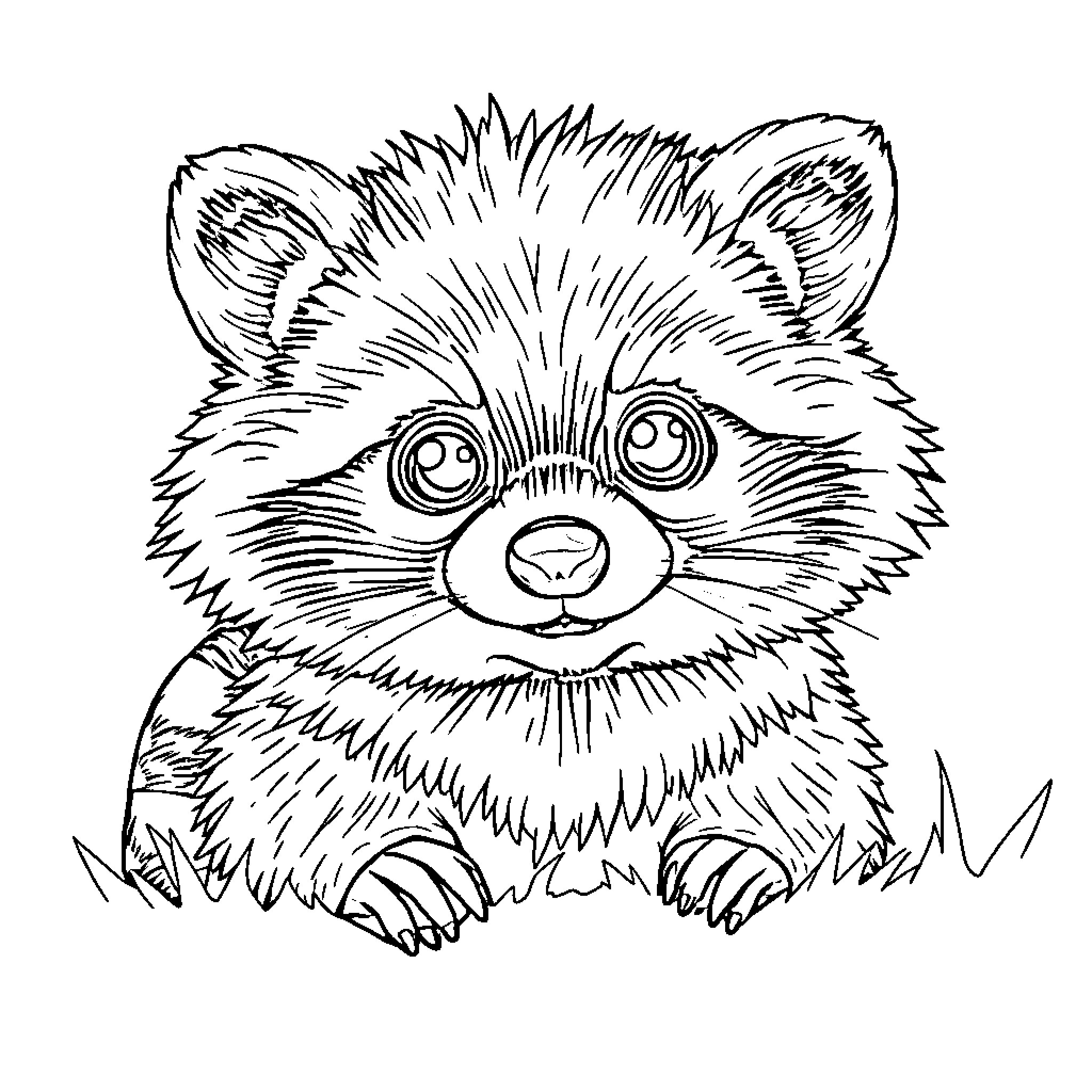 Raccoon looking curiously at the viewer Coloring Page (free black-and-white line drawing printable PDF for all, from beginners to advanced learners, including children, teens, adults, and seniors)