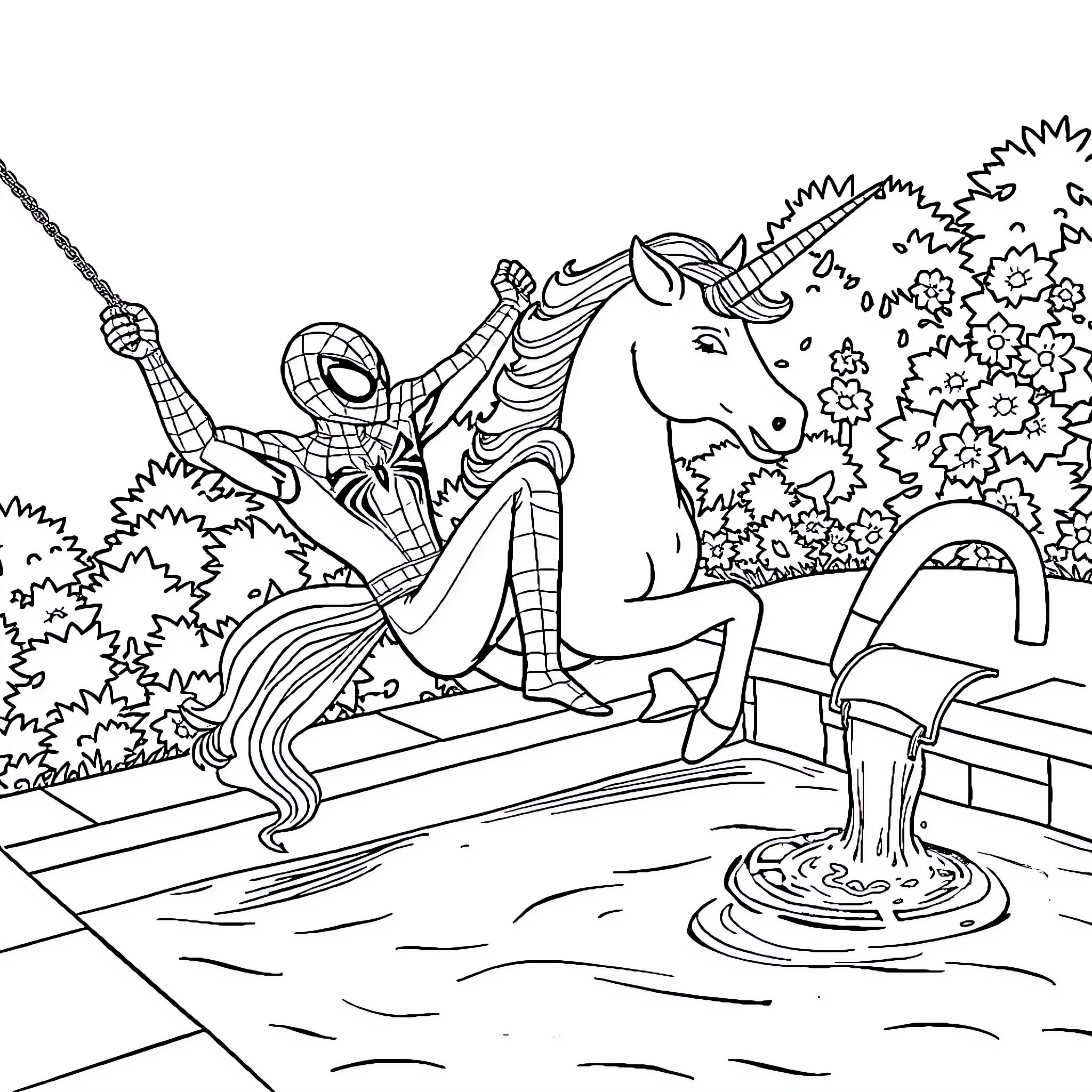 Spiderman interacting with a unicorn in a magical garden Coloring Page (free black-and-white line drawing printable PDF for all, from beginners to advanced learners, including children, teens, adults, and seniors)