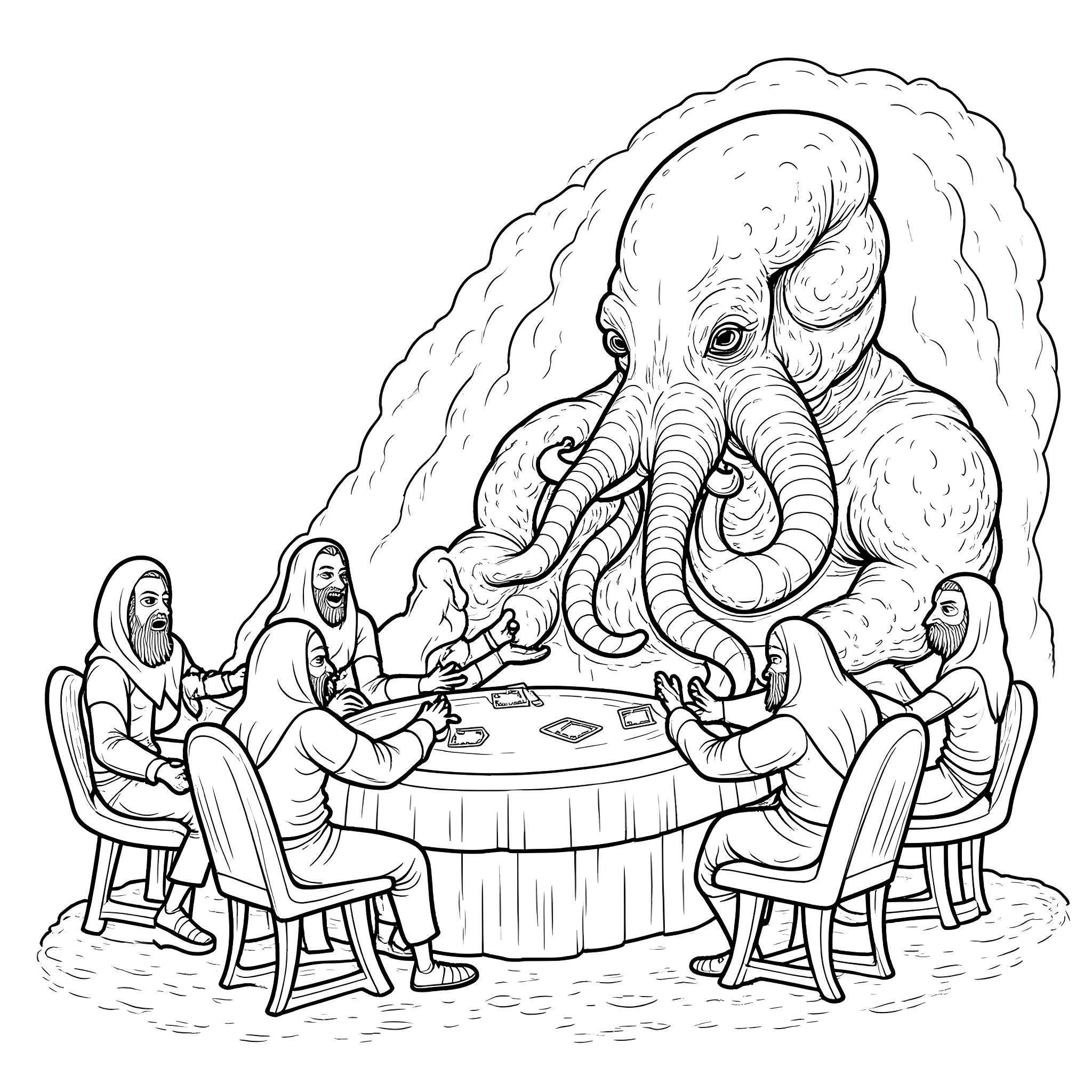 Cthulhu Hosts a Terrifying Dinner Party Coloring Page (free black-and-white line drawing printable PDF for all, from beginners to advanced learners, including children, teens, adults, and seniors)