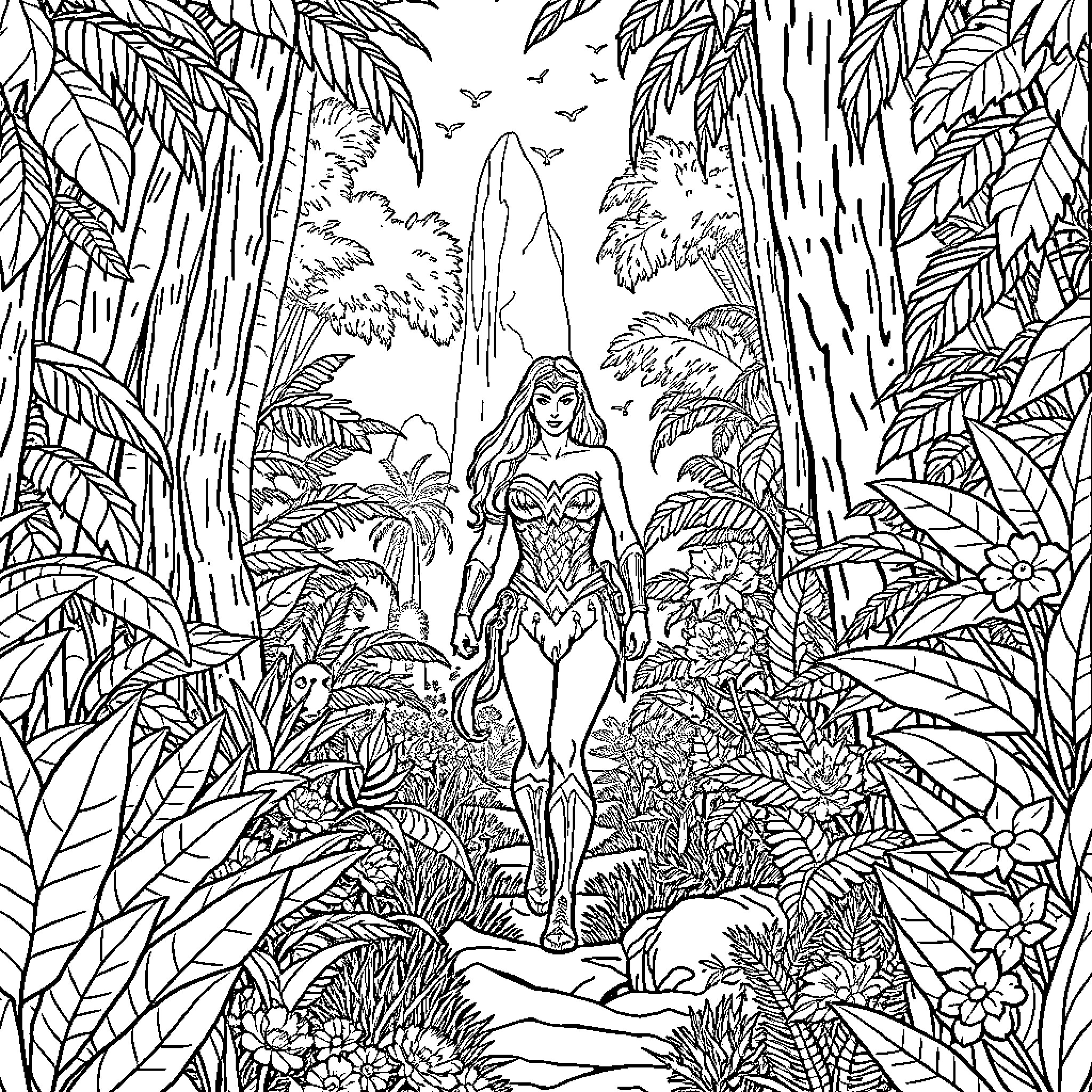 Wonder Woman exploring the lush jungle wilderness Coloring Page (free black-and-white line drawing printable PDF for all, from beginners to advanced learners, including children, teens, adults, and seniors)