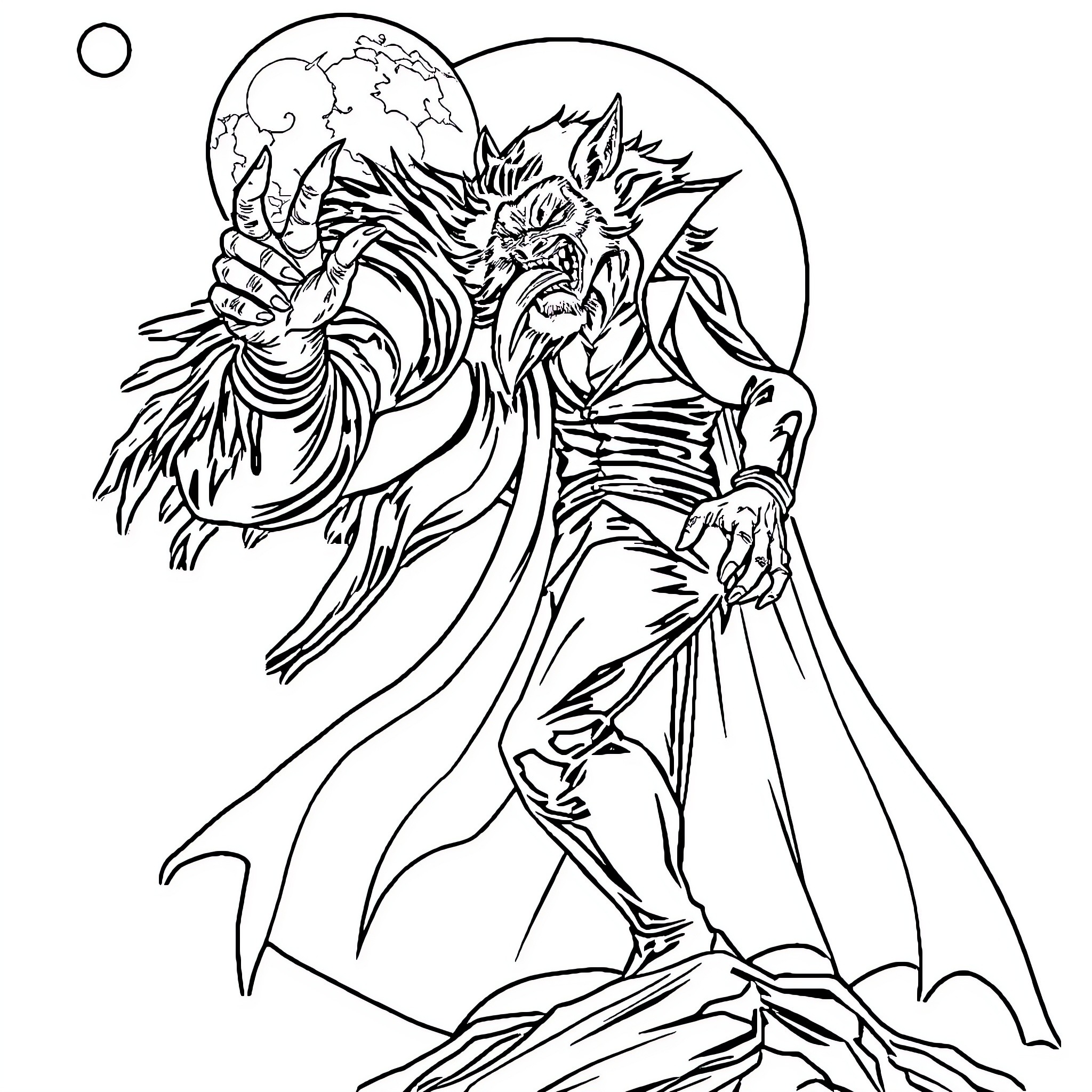 Werewolf unleashing supernatural powers under the full moon Coloring Page (free black-and-white line drawing printable PDF for all, from beginners to advanced learners, including children, teens, adults, and seniors)
