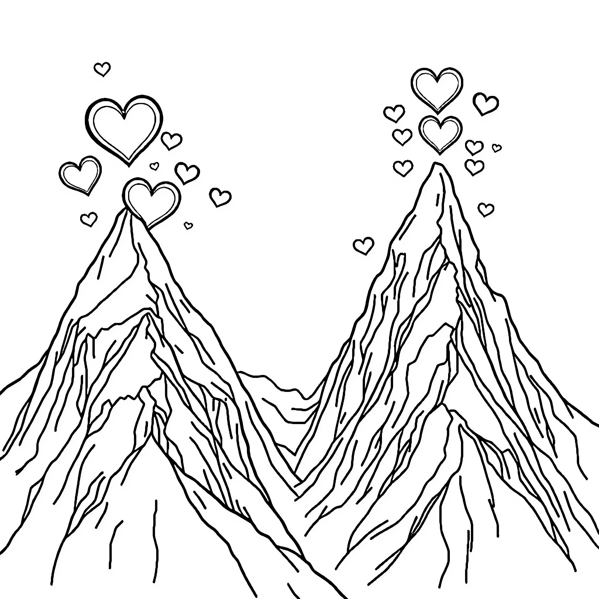 Mountain Peaks Adorned with Hearts Coloring Page (free black-and-white line drawing printable PDF for all, from beginners to advanced learners, including children, teens, adults, and seniors)