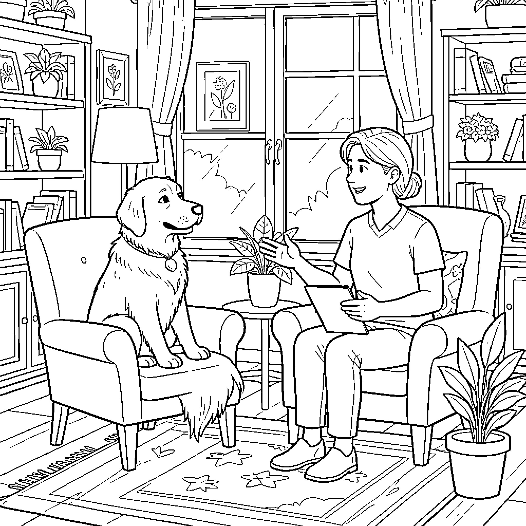 Dog sitting calmly while interacting with a person Coloring Page (free black-and-white line drawing printable PDF for all, from beginners to advanced learners, including children, teens, adults, and seniors)