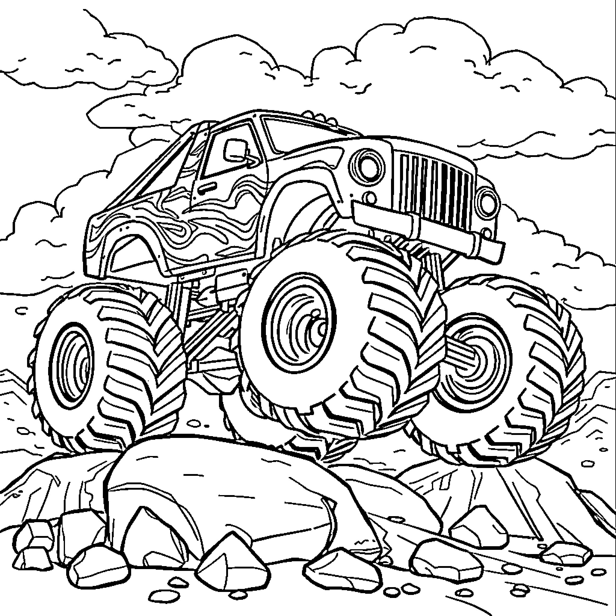 Monster Truck Crushing Rocks on the Road Coloring Page (free black-and-white line drawing printable PDF for all, from beginners to advanced learners, including children, teens, adults, and seniors)