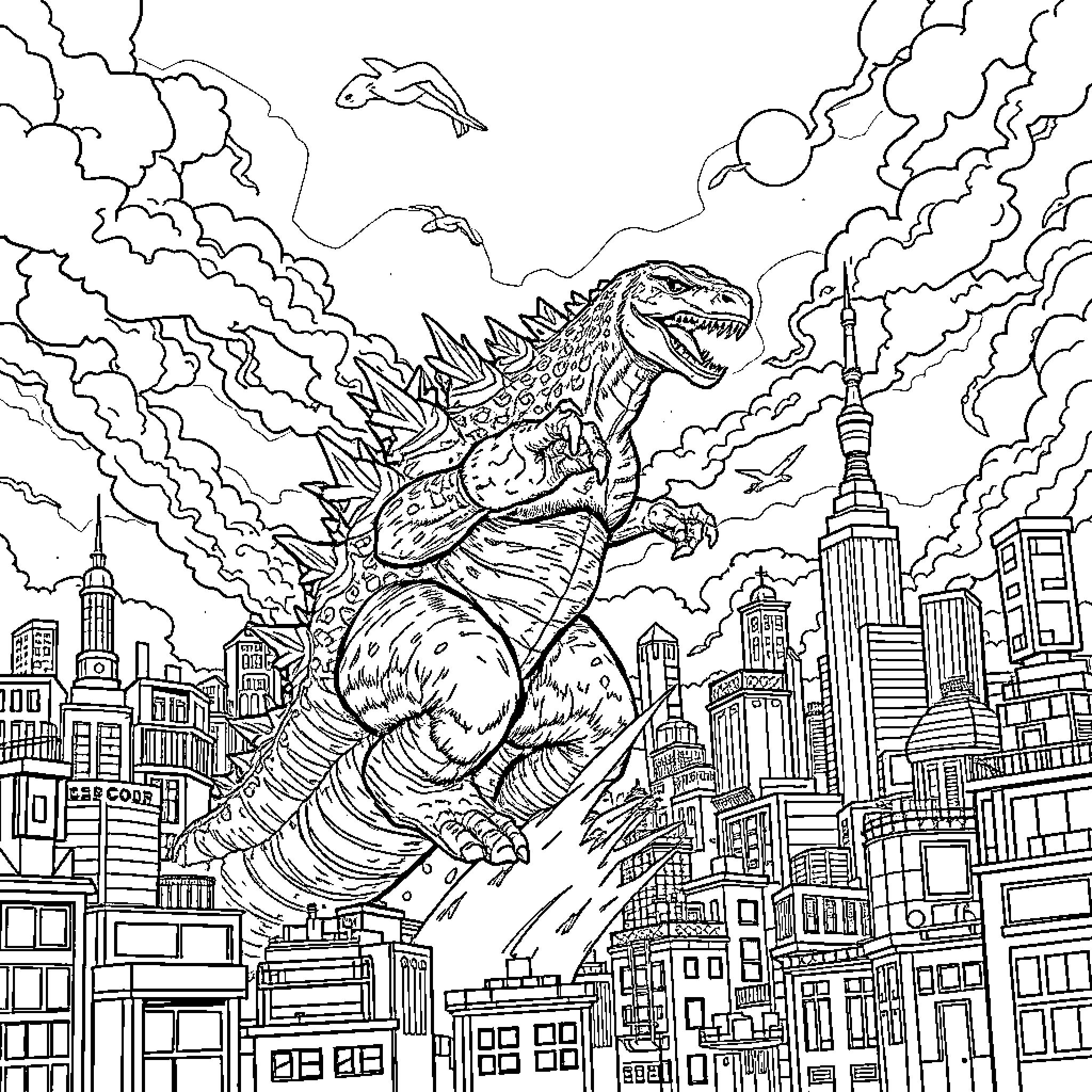 Godzilla rampaging through a city skyline Coloring Page (free black-and-white line drawing printable PDF for all, from beginners to advanced learners, including children, teens, adults, and seniors)