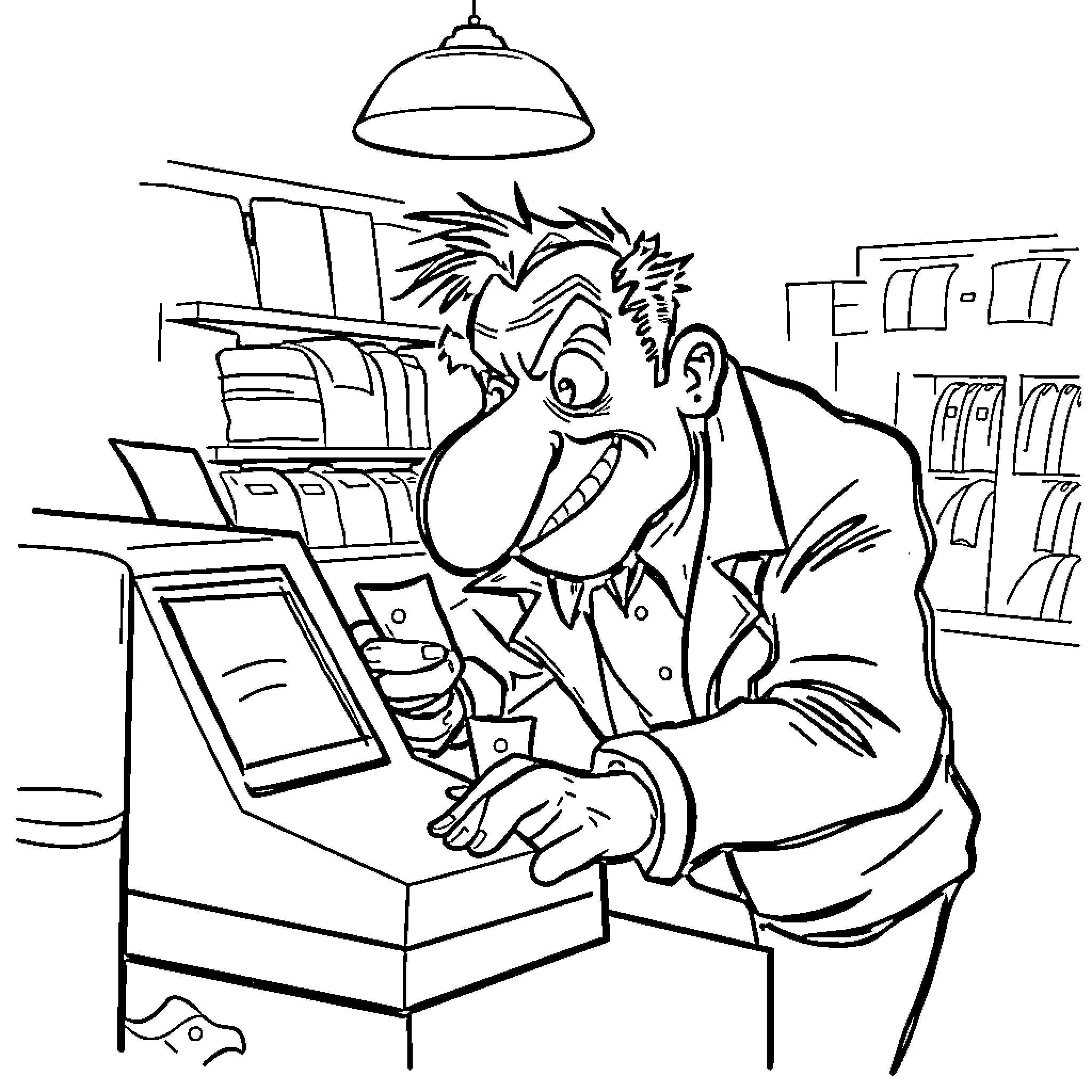 Thief caught sneaking at cash register Coloring Page (free black-and-white line drawing printable PDF for all, from beginners to advanced learners, including children, teens, adults, and seniors)