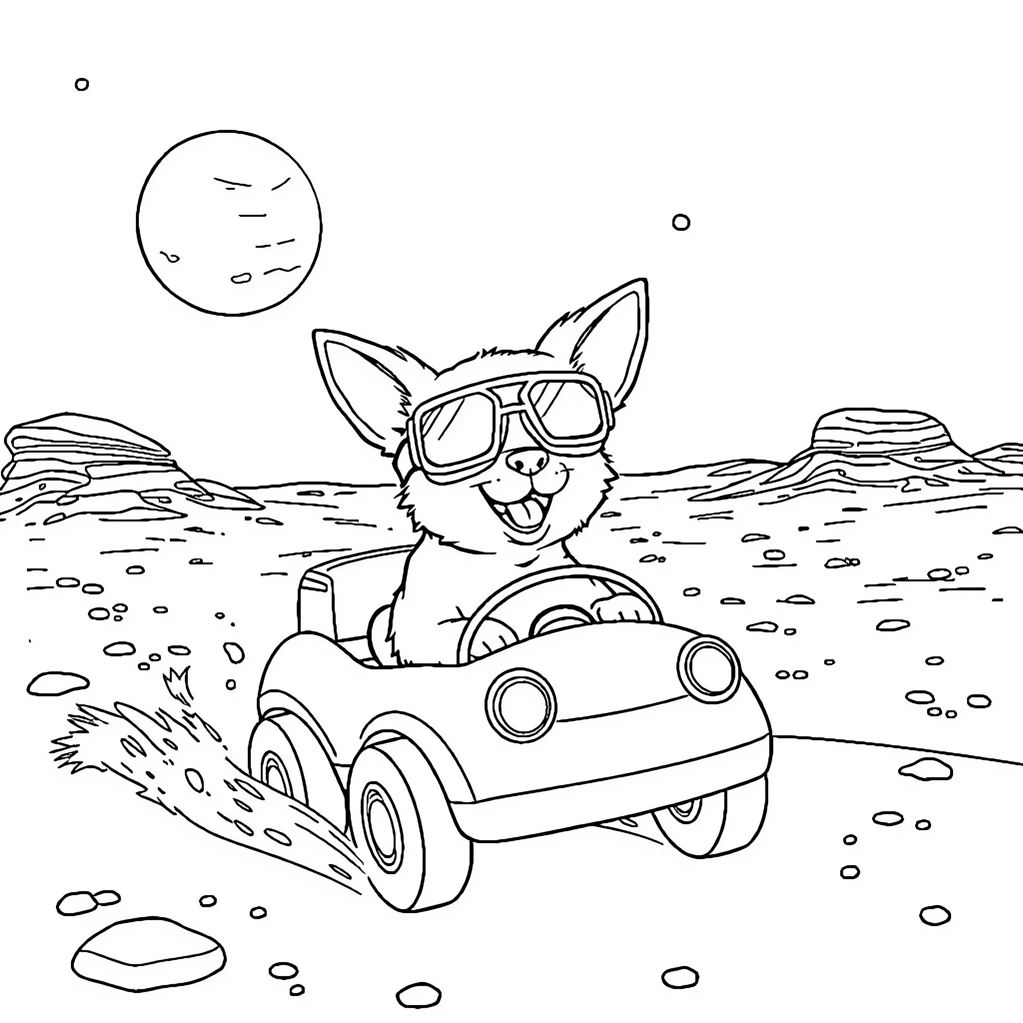 Weenie Dog driving a car through the desert Coloring Page (free black-and-white line drawing printable PDF for all, from beginners to advanced learners, including children, teens, adults, and seniors)