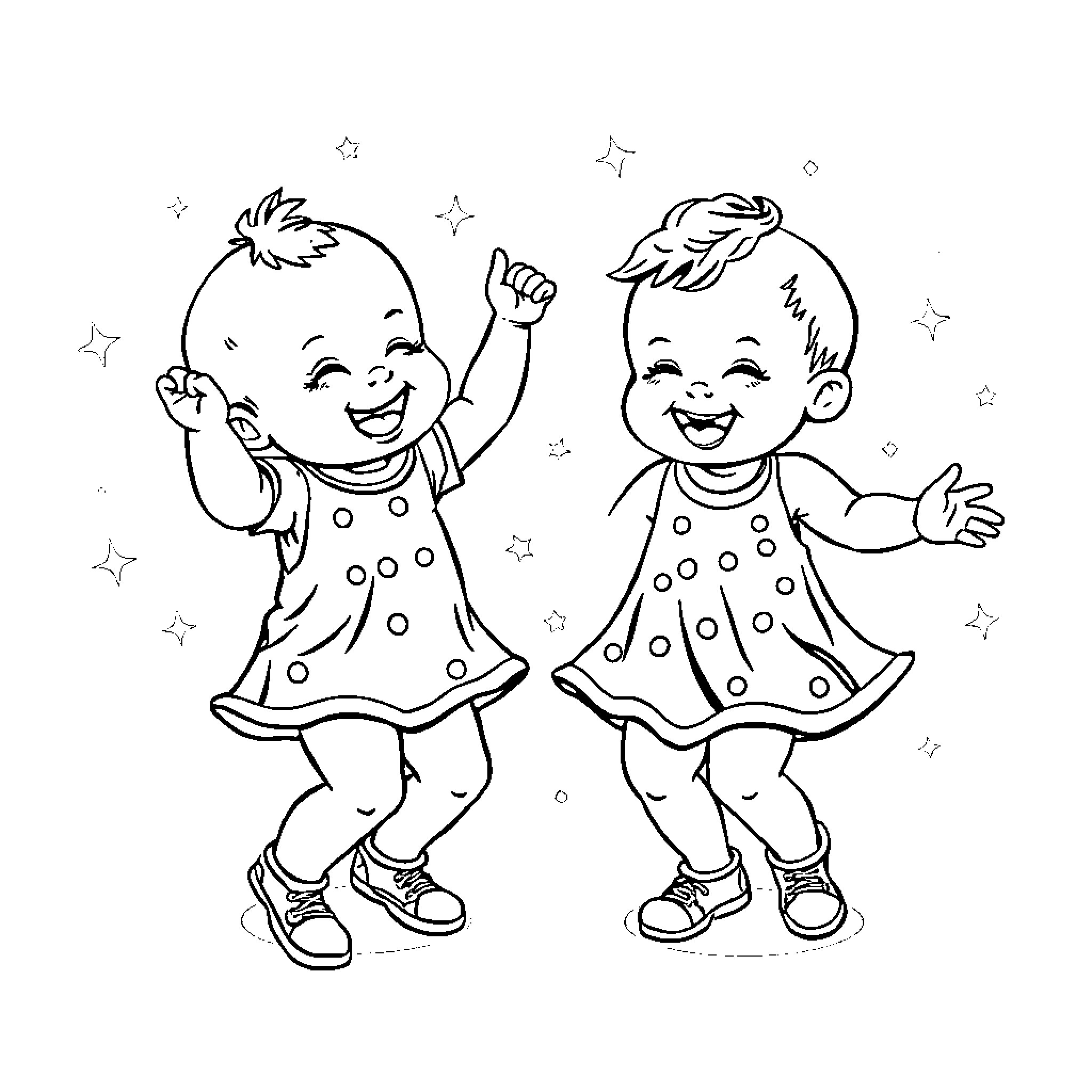 Baby dolls dancing joyfully under the stars Coloring Page (free black-and-white line drawing printable PDF for all, from beginners to advanced learners, including children, teens, adults, and seniors)