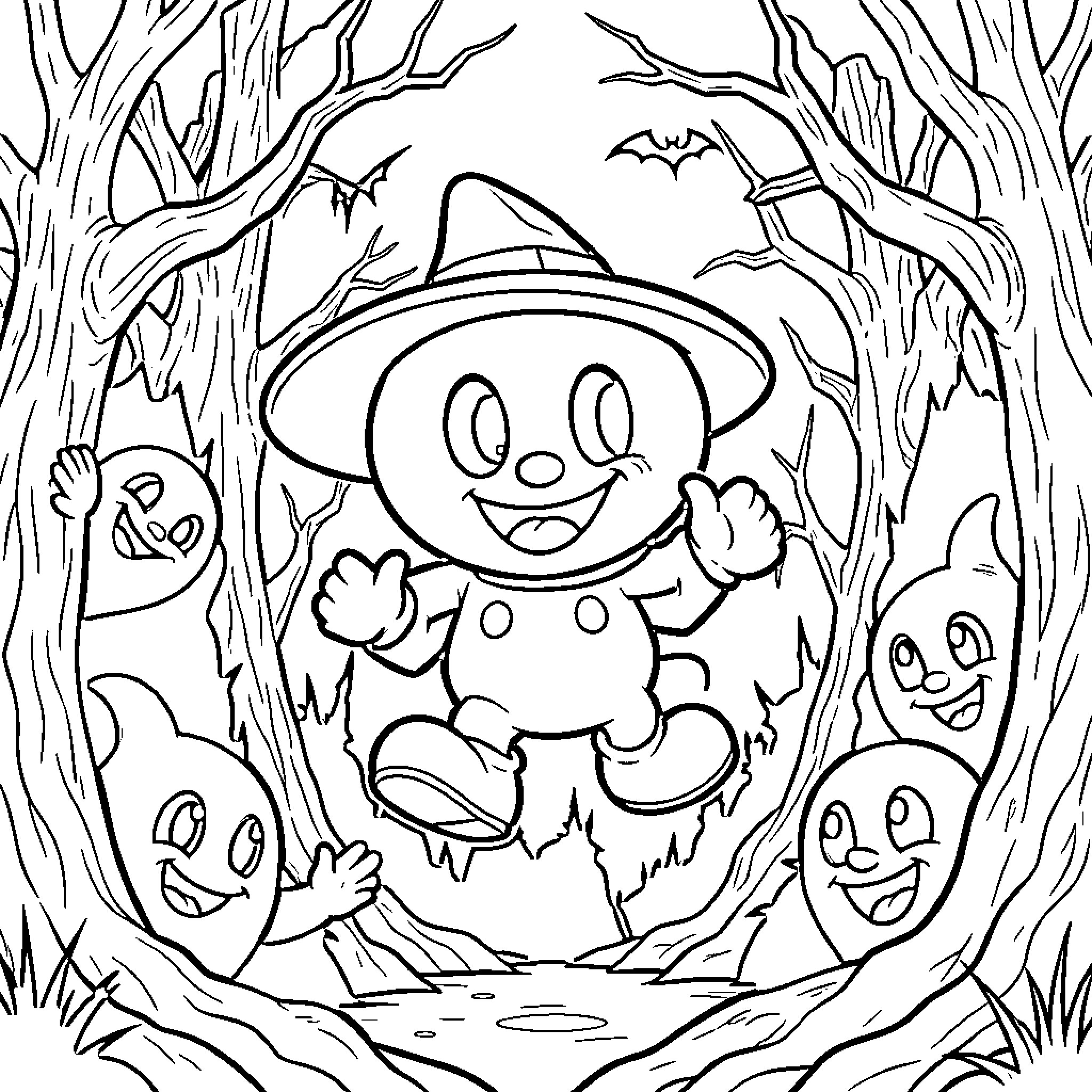 King Boo in a spooky forest with friendly ghosts Coloring Page (free black-and-white line drawing printable PDF for all, from beginners to advanced learners, including children, teens, adults, and seniors)