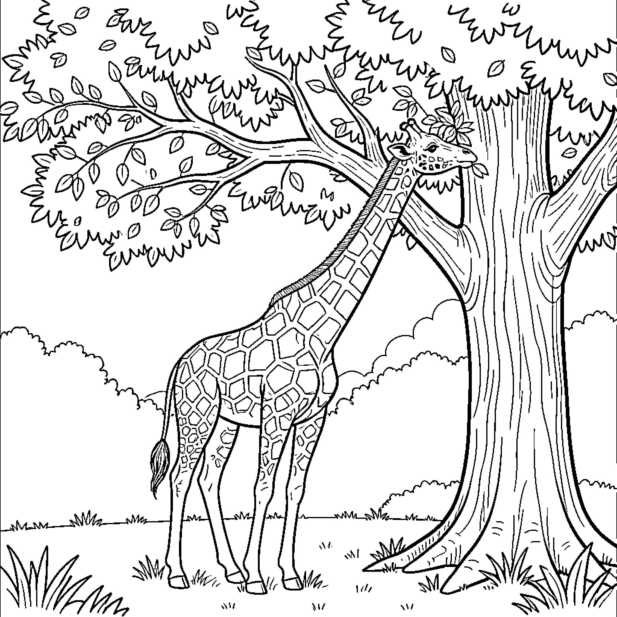 Giraffe exploring the lush forest Coloring Page (free black-and-white line drawing printable PDF for all, from beginners to advanced learners, including children, teens, adults, and seniors)