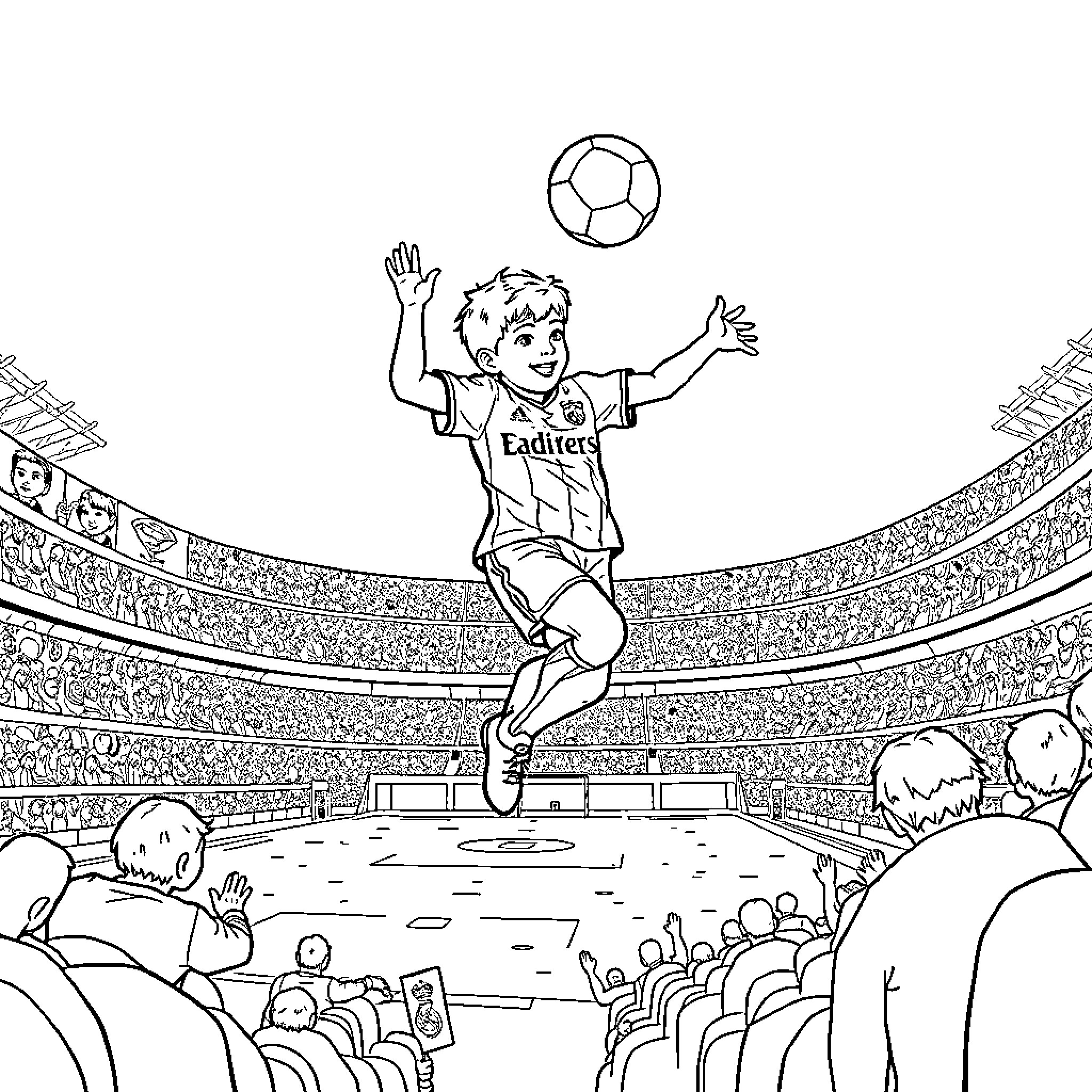 Niño enjoying a soccer match in the stadium Coloring Page (free black-and-white line drawing printable PDF for all, from beginners to advanced learners, including children, teens, adults, and seniors)