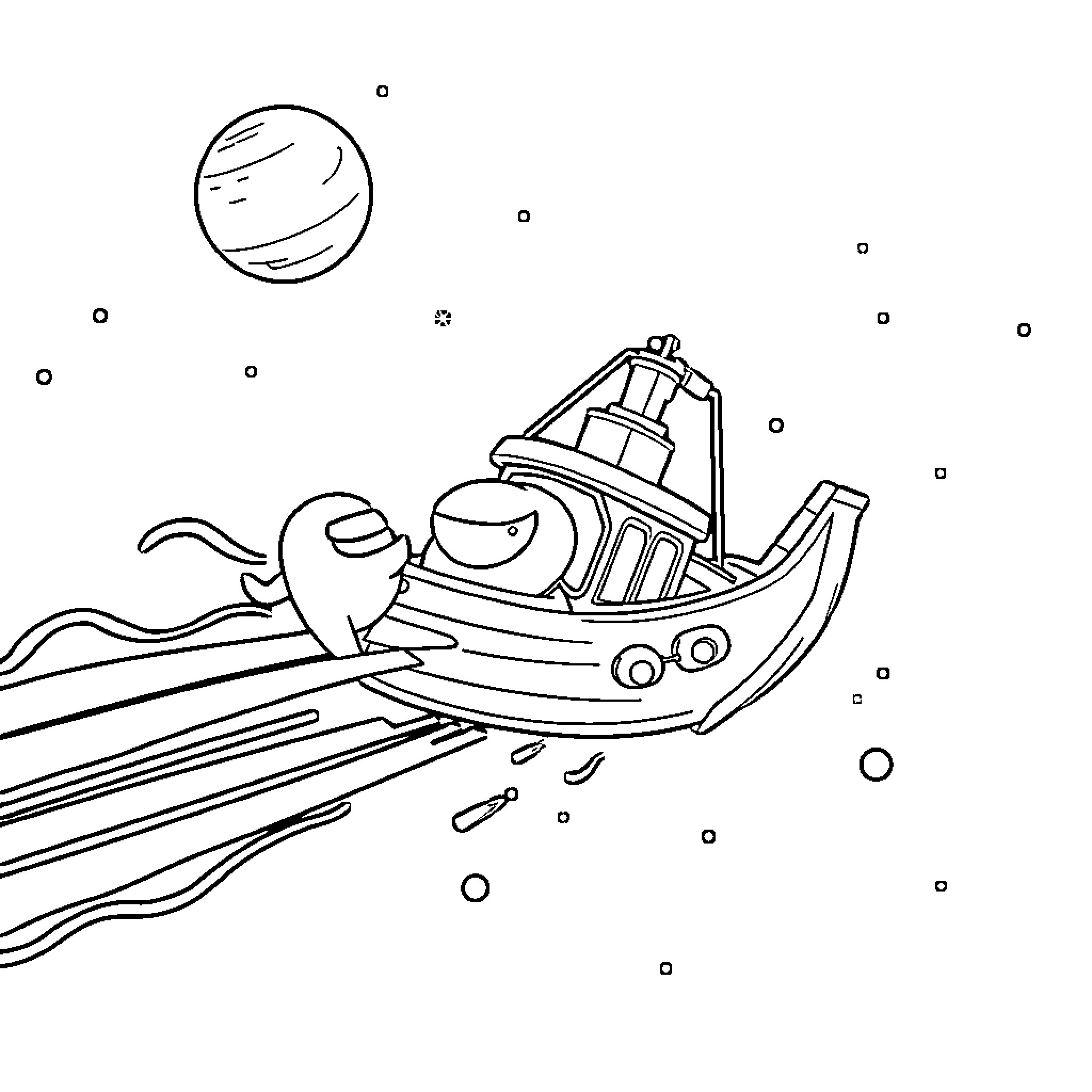 Among Us Crewmates Exploring Space in a Spaceship Coloring Page (free black-and-white line drawing printable PDF for all, from beginners to advanced learners, including children, teens, adults, and seniors)