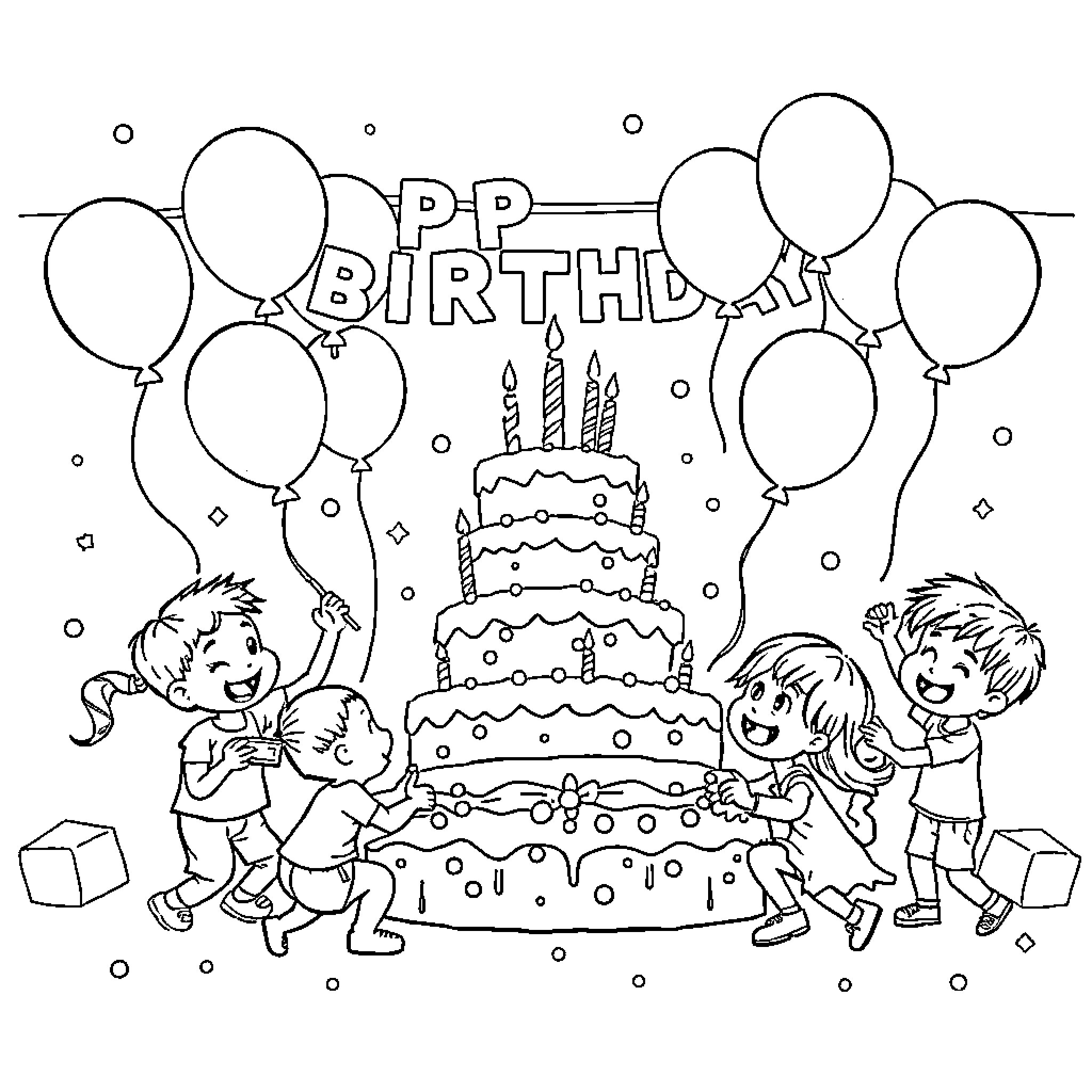Birthday celebration with cake and balloons Coloring Page (free black-and-white line drawing printable PDF for all, from beginners to advanced learners, including children, teens, adults, and seniors)