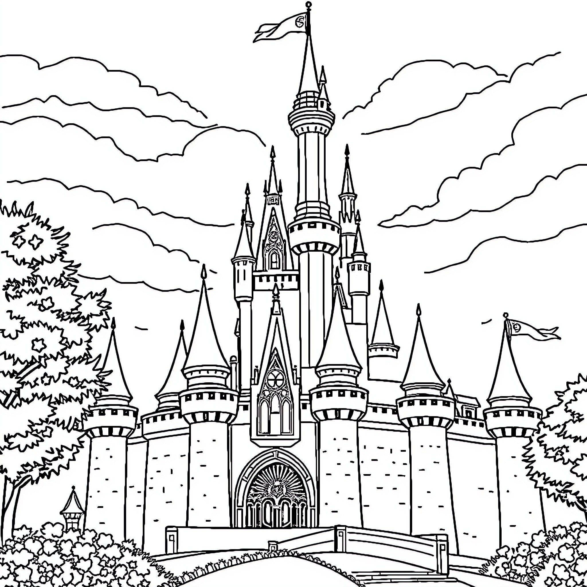 Castle with majestic turrets and flags in the sky Coloring Page (free black-and-white line drawing printable PDF for all, from beginners to advanced learners, including children, teens, adults, and seniors)