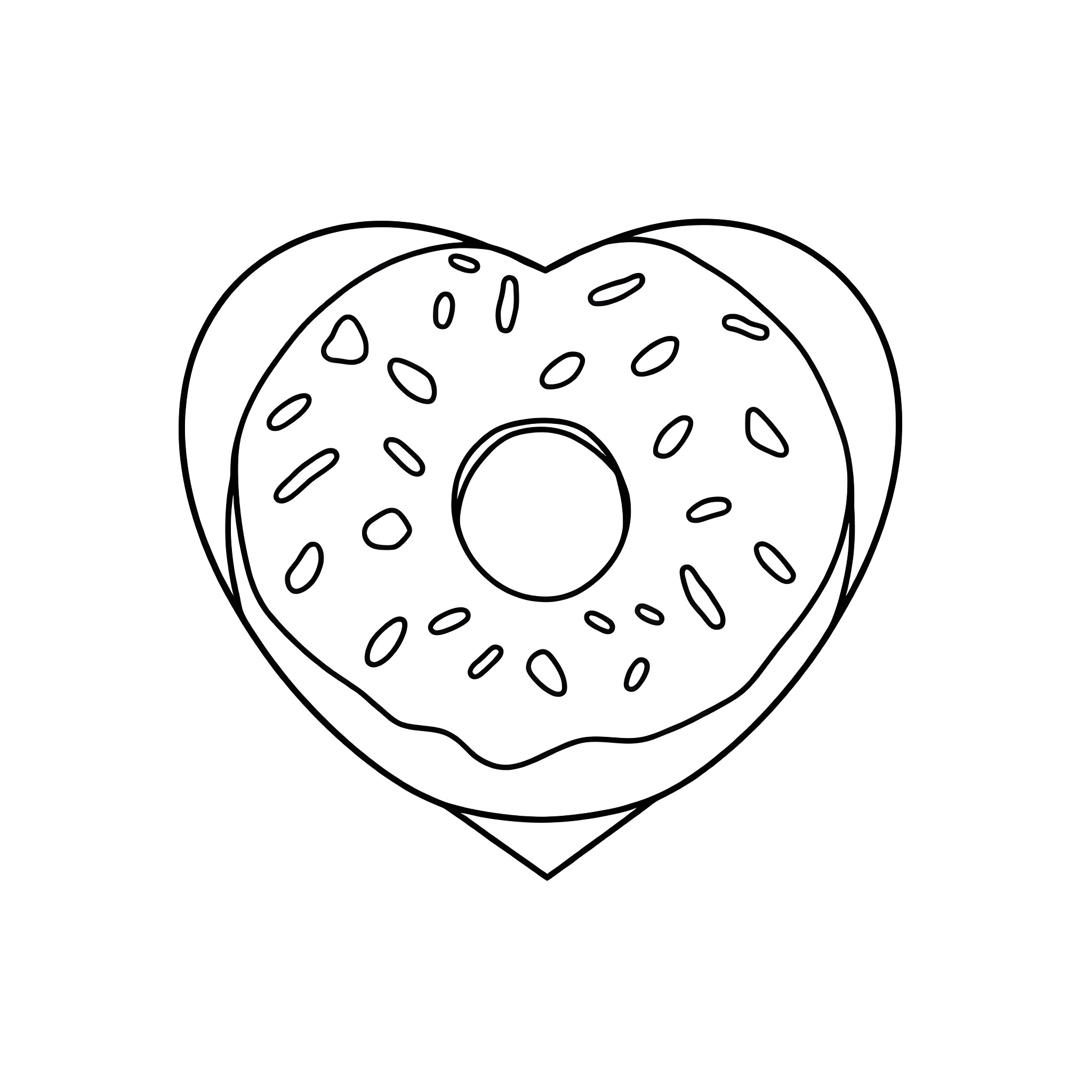 Donut in the shape of a heart Coloring Page (free black-and-white line drawing printable PDF for all, from beginners to advanced learners, including children, teens, adults, and seniors)