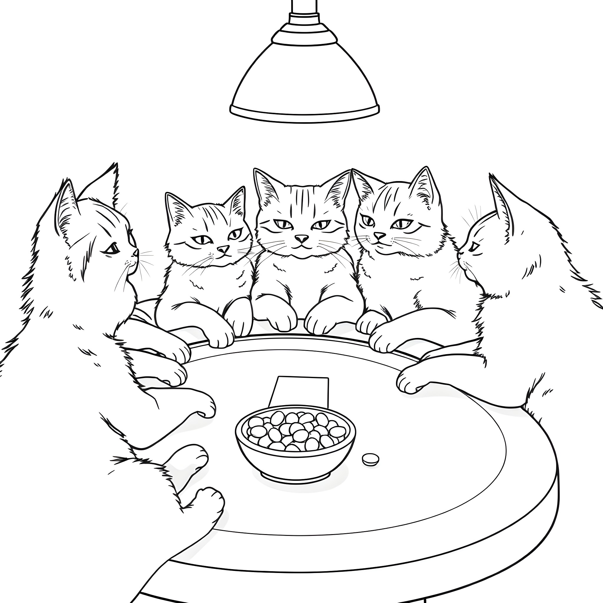 Cat family relaxing under lamp Coloring Page (free black-and-white line drawing printable PDF for all, from beginners to advanced learners, including children, teens, adults, and seniors)
