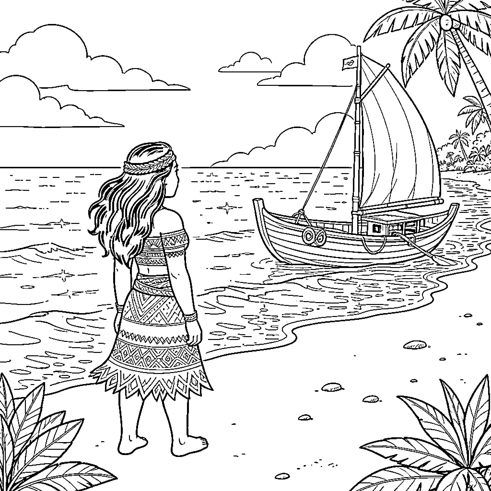 Moana looking at the sailboat in the ocean Coloring Page (free black-and-white line drawing printable PDF for all, from beginners to advanced learners, including children, teens, adults, and seniors)
