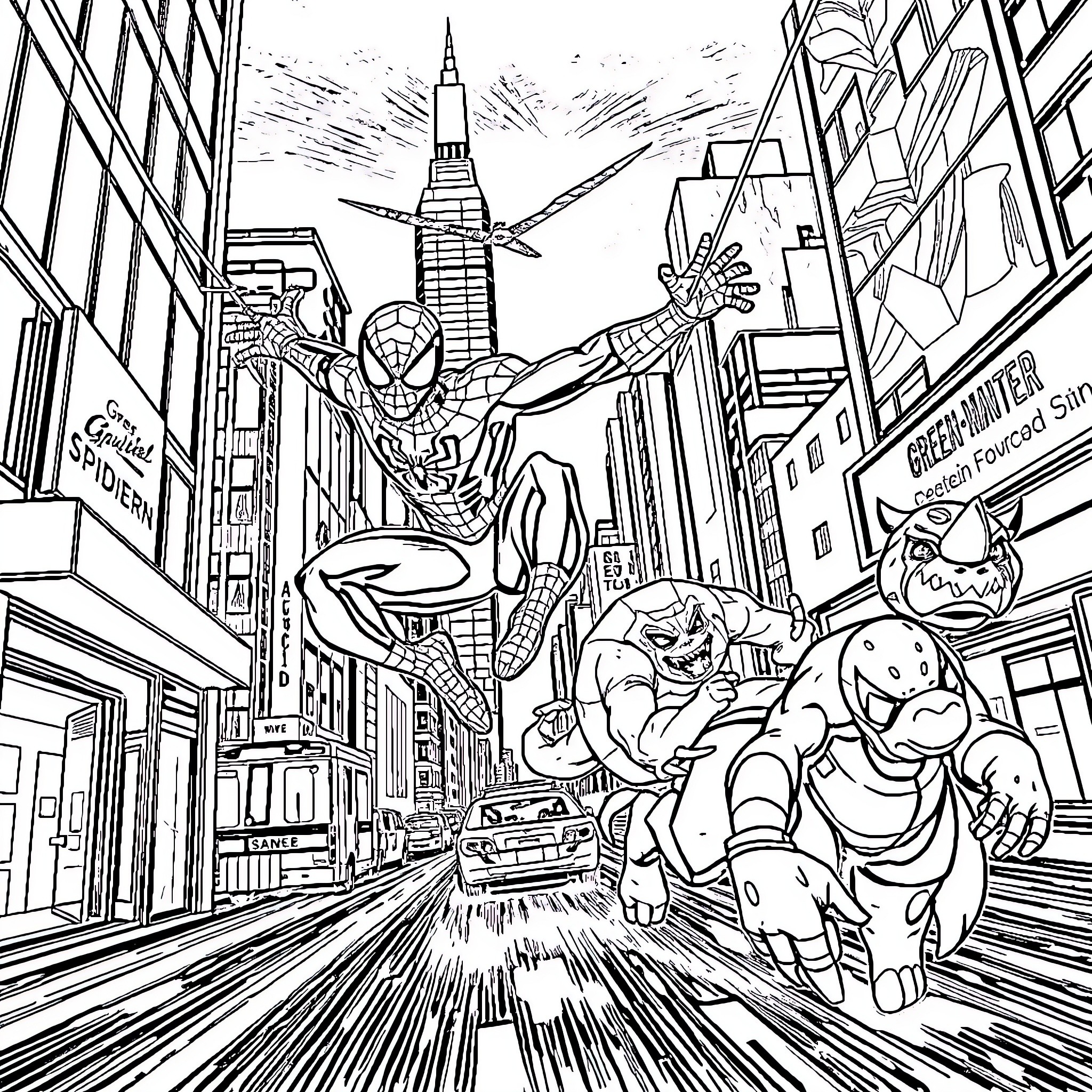 Spider-Man swinging through the bustling city streets Coloring Page (free black-and-white line drawing printable PDF for all, from beginners to advanced learners, including children, teens, adults, and seniors)