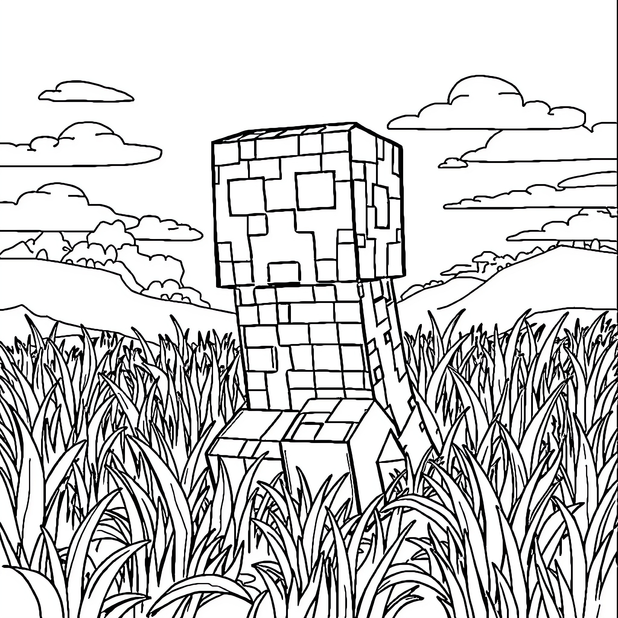 Creeper lurking in the overgrown landscape Coloring Page (free black-and-white line drawing printable PDF for all, from beginners to advanced learners, including children, teens, adults, and seniors)
