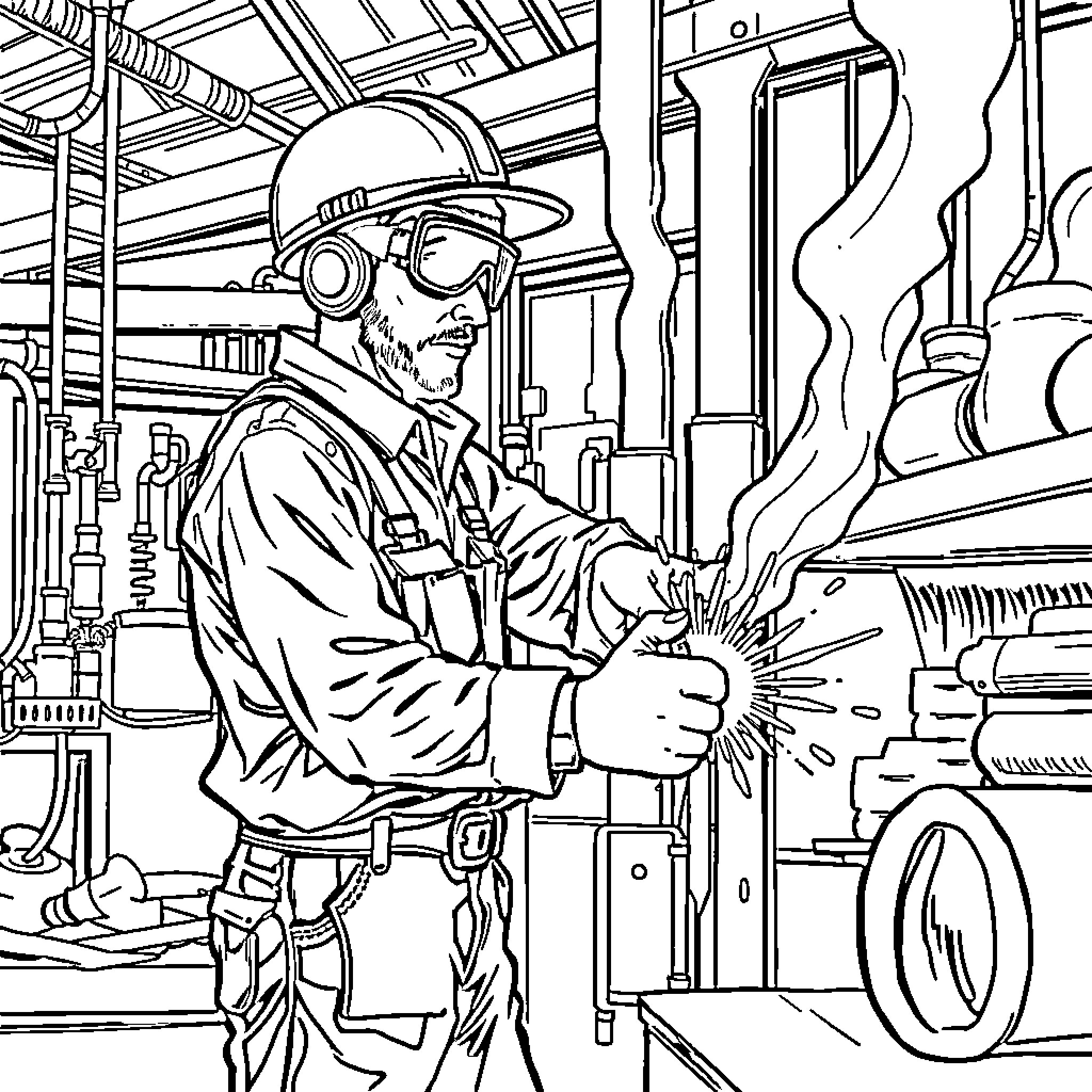 Man working diligently with welding equipment in industrial setting Coloring Page (free black-and-white line drawing printable PDF for all, from beginners to advanced learners, including children, teens, adults, and seniors)
