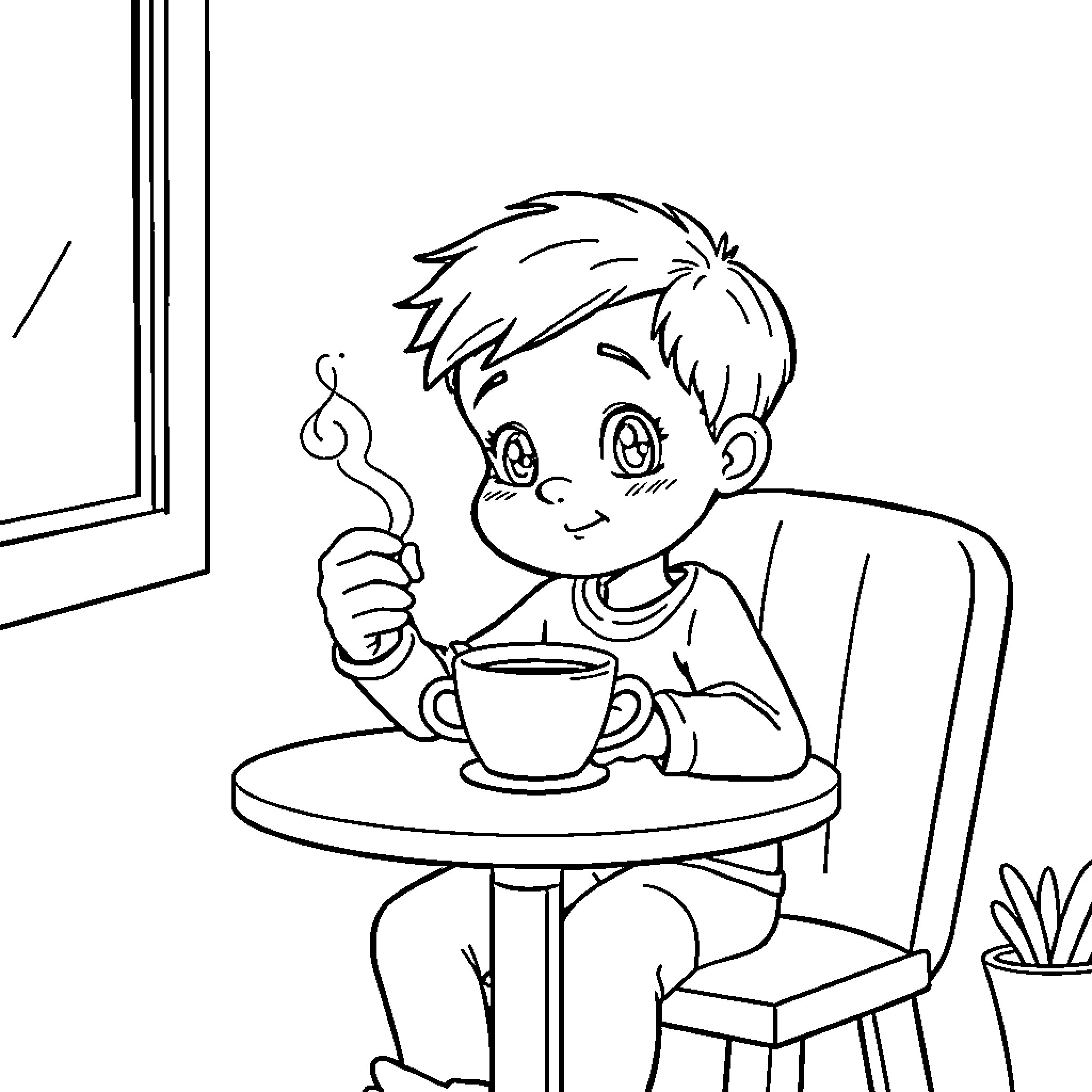Kid enjoying a warm drink near window Coloring Page (free black-and-white line drawing printable PDF for all, from beginners to advanced learners, including children, teens, adults, and seniors)