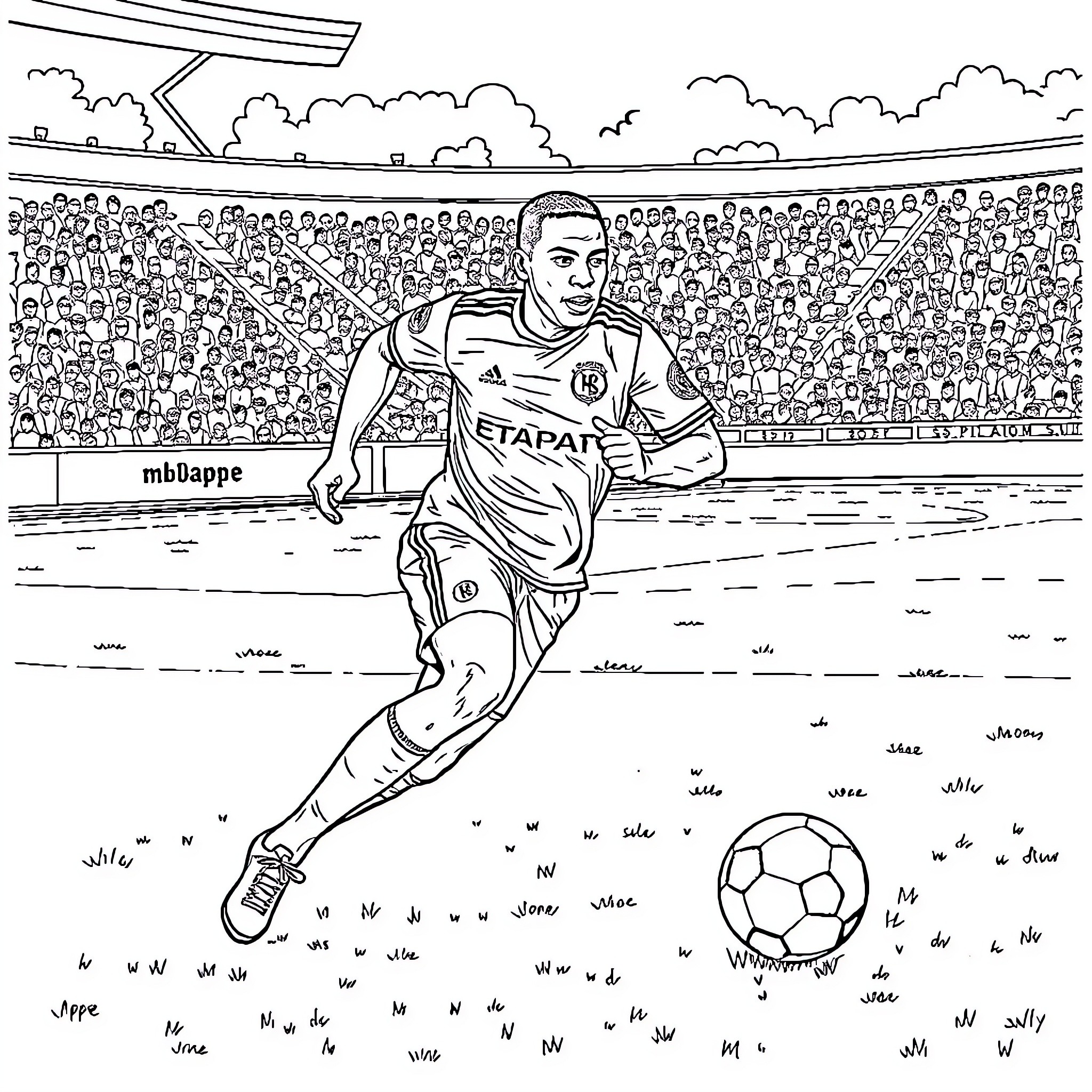 Mbappe running with a soccer ball on the field Coloring Page (free black-and-white line drawing printable PDF for all, from beginners to advanced learners, including children, teens, adults, and seniors)