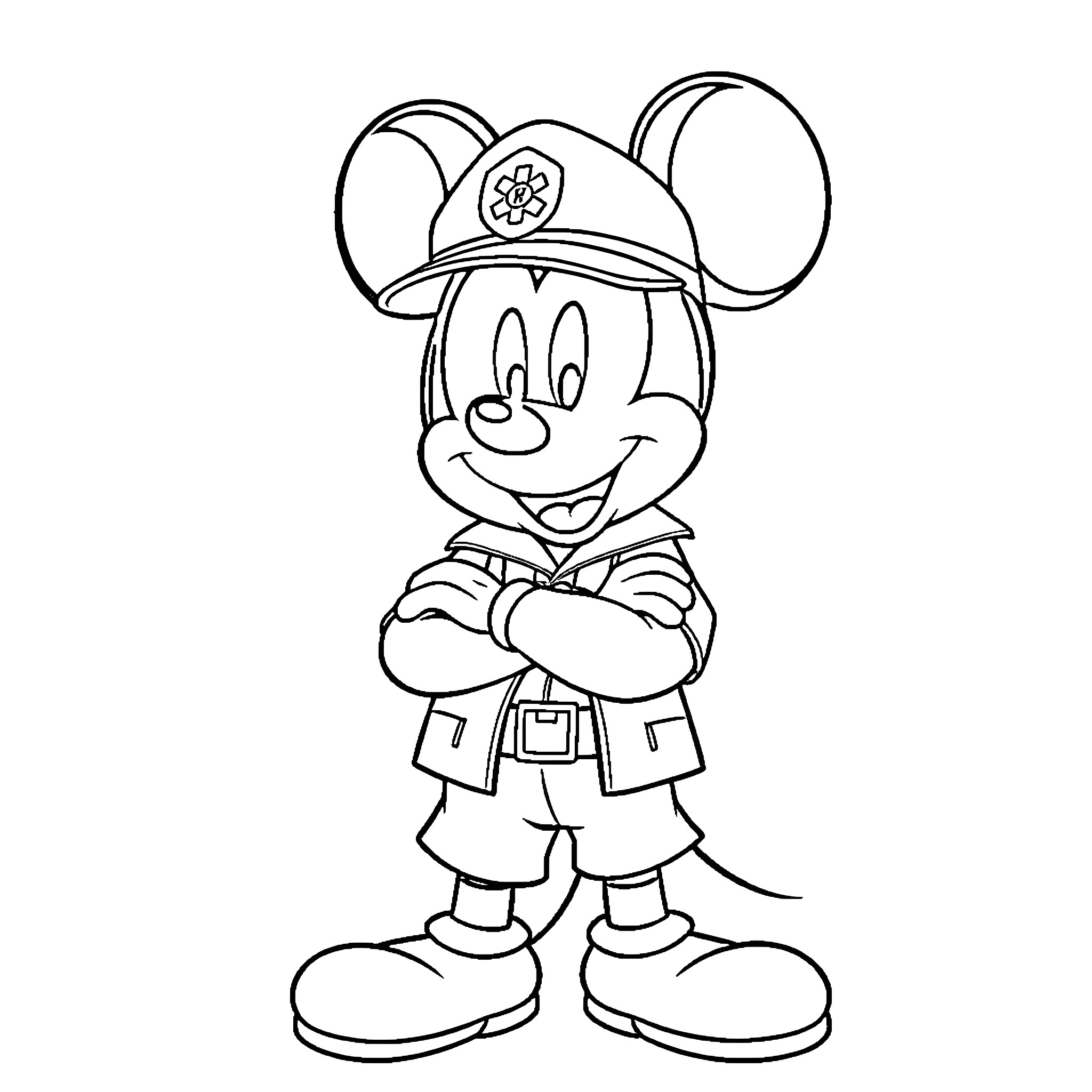 Mickey Mouse in Sailor Uniform Posing Confidently Coloring Page (free black-and-white line drawing printable PDF for all, from beginners to advanced learners, including children, teens, adults, and seniors)