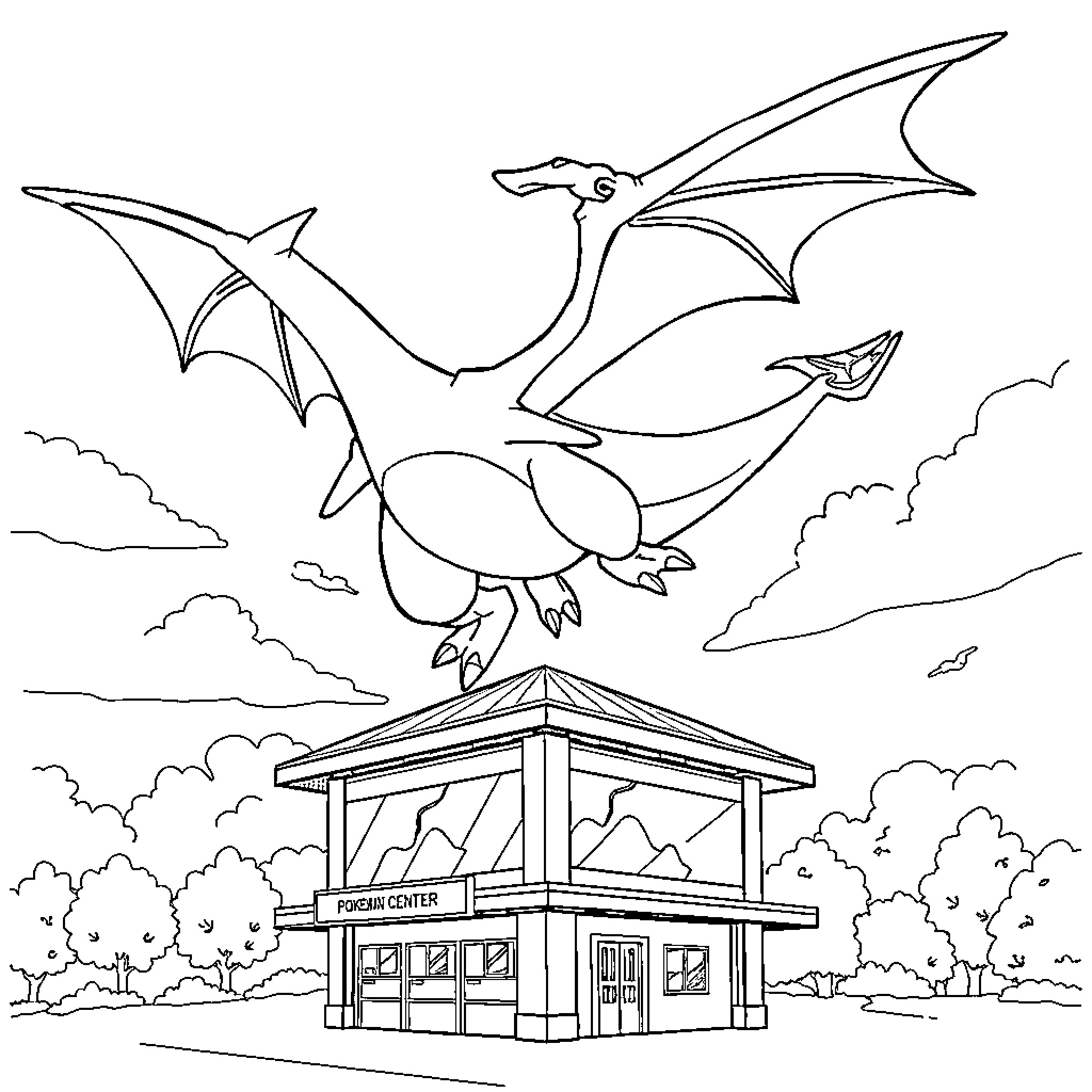 Charizard soaring above the Pokemon Center Coloring Page (free black-and-white line drawing printable PDF for all, from beginners to advanced learners, including children, teens, adults, and seniors)