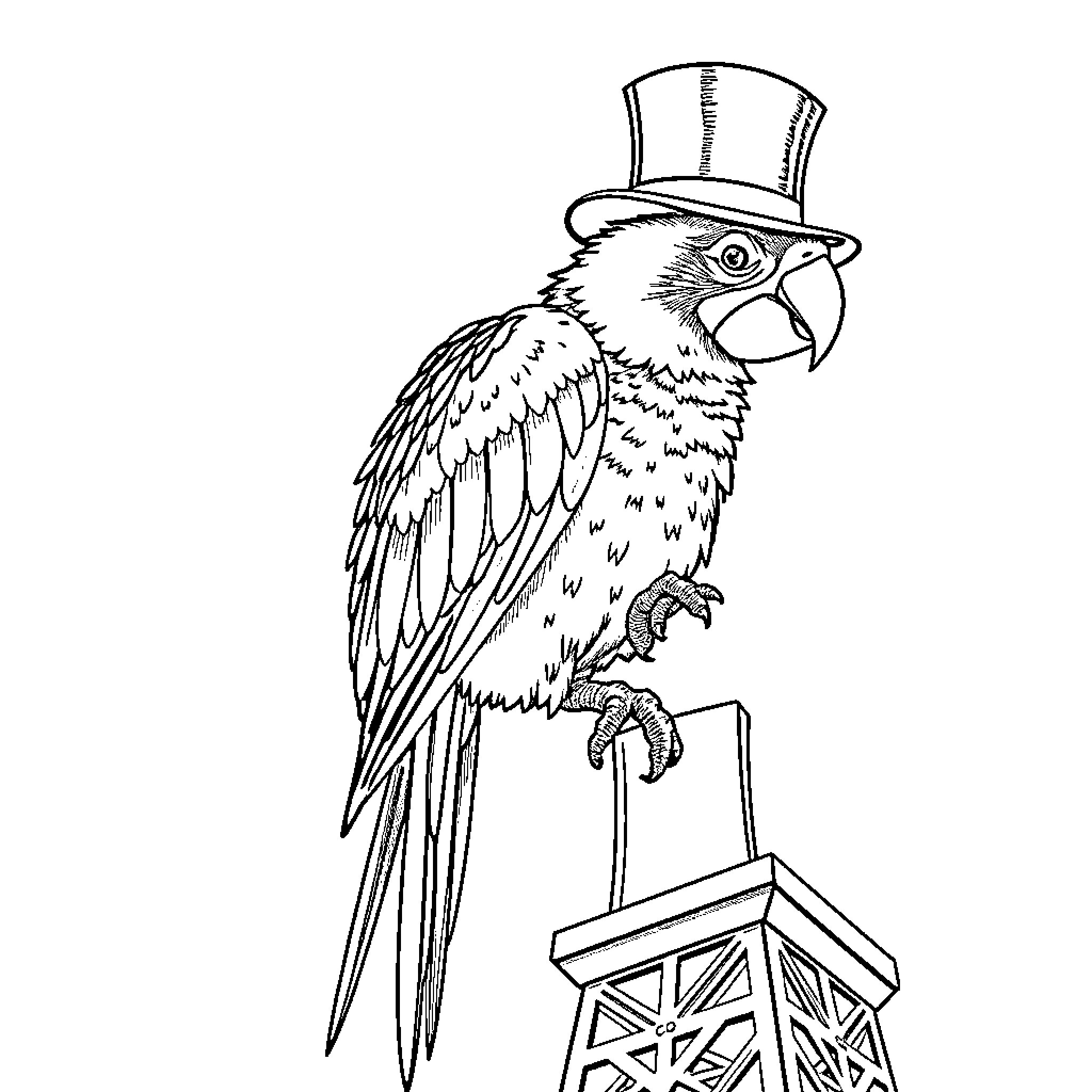 Parrot wearing a top hat and posing Coloring Page (free black-and-white line drawing printable PDF for all, from beginners to advanced learners, including children, teens, adults, and seniors)