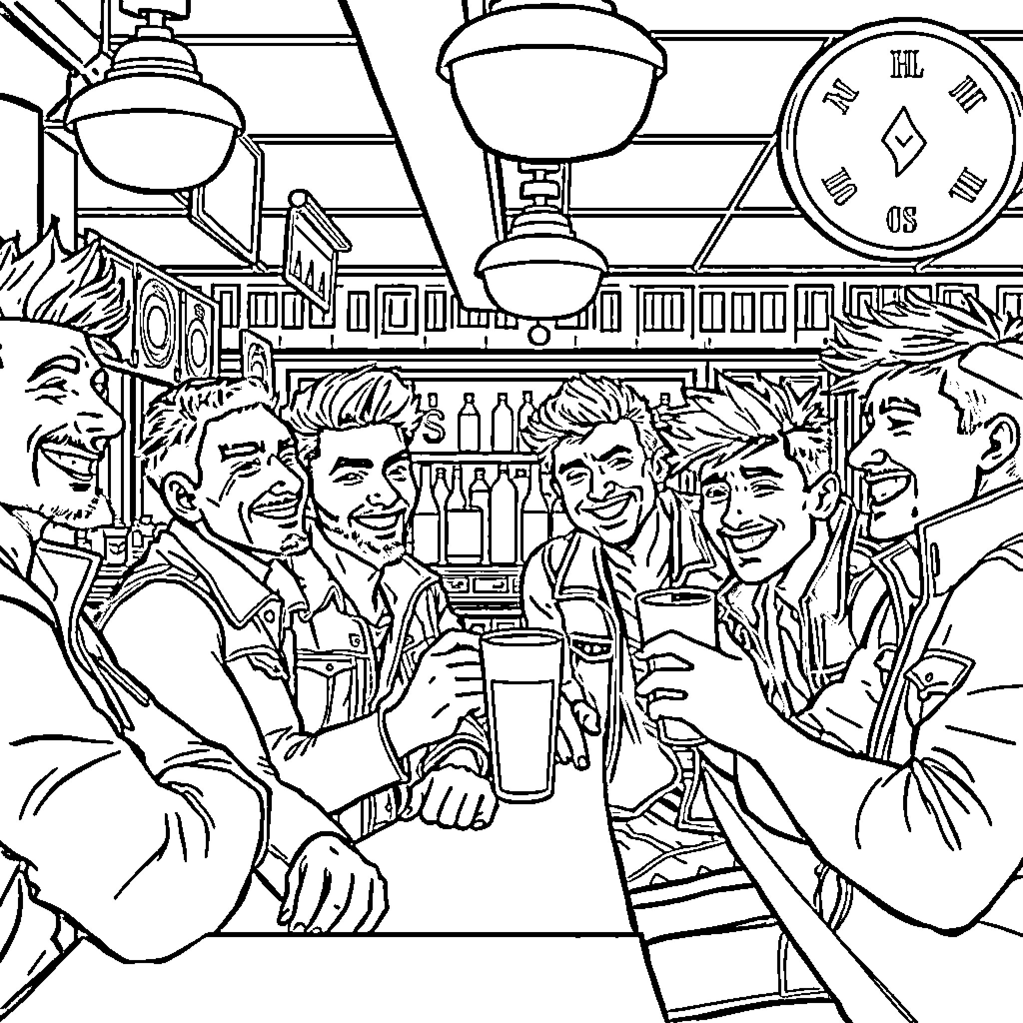 Young Men Enjoying Drinks and Conversation in a Lively Bar Coloring Page (free black-and-white line drawing printable PDF for all, from beginners to advanced learners, including children, teens, adults, and seniors)