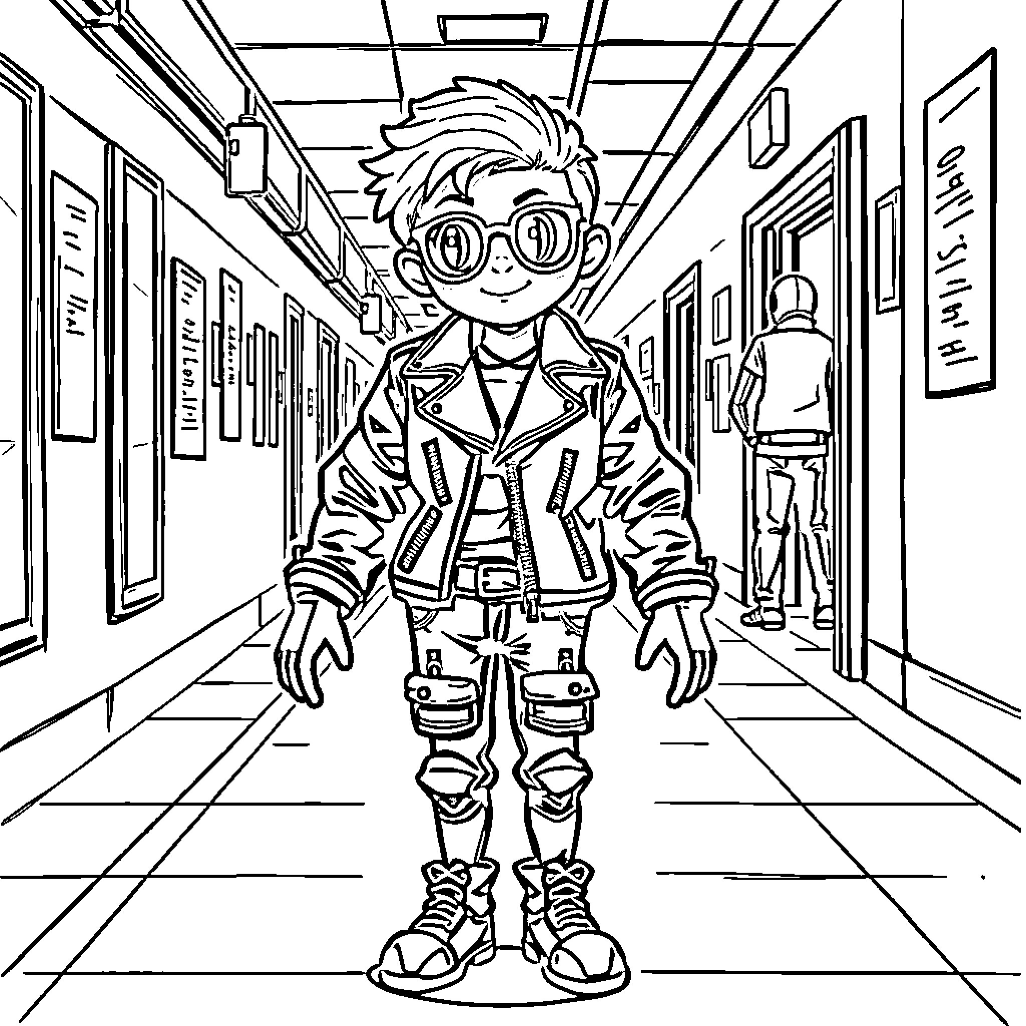 Biker Boy Explores Vibrant School Hallway Coloring Page (free black-and-white line drawing printable PDF for all, from beginners to advanced learners, including children, teens, adults, and seniors)