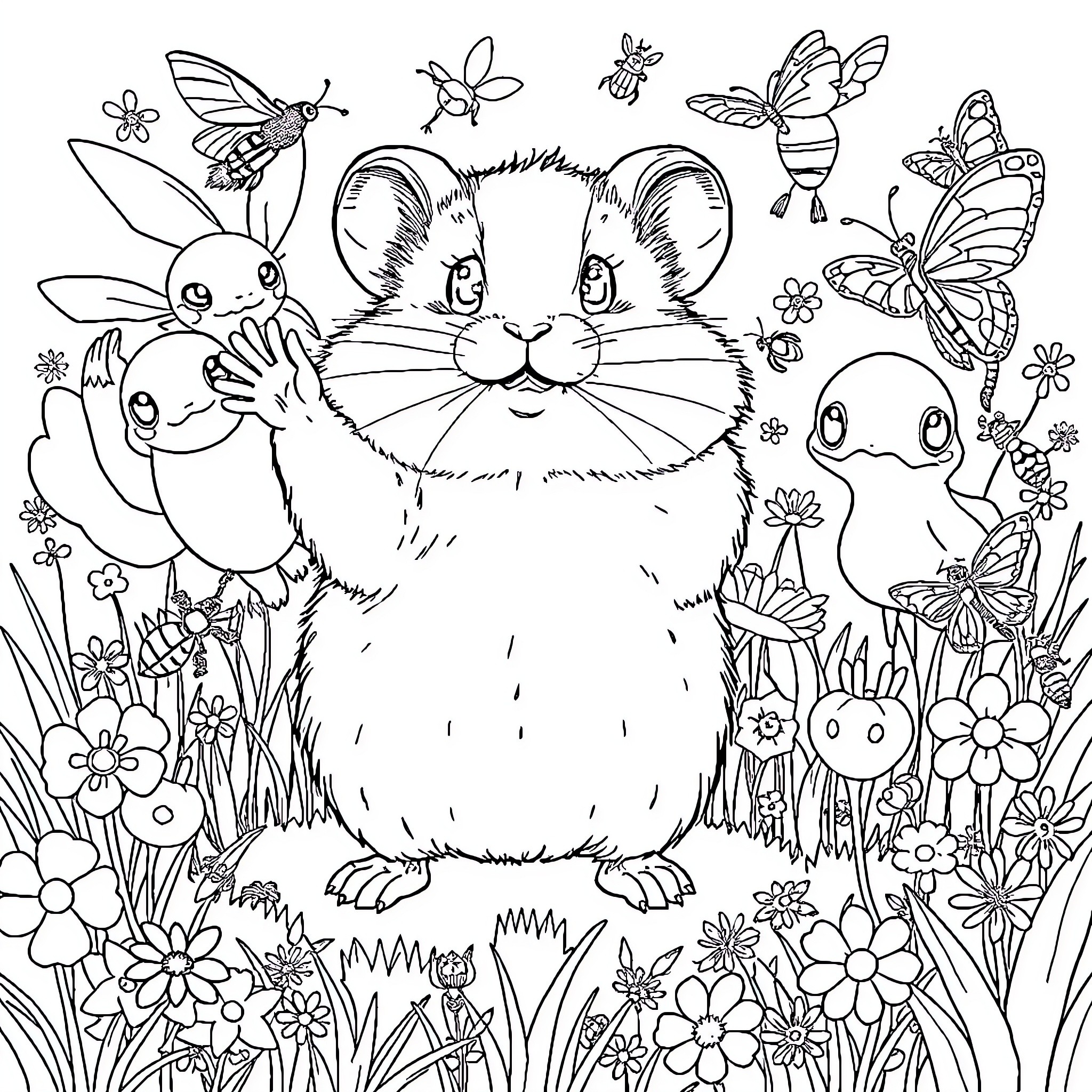 Dwarf Hamster surrounded by playful creatures in a floral meadow Coloring Page (free black-and-white line drawing printable PDF for all, from beginners to advanced learners, including children, teens, adults, and seniors)