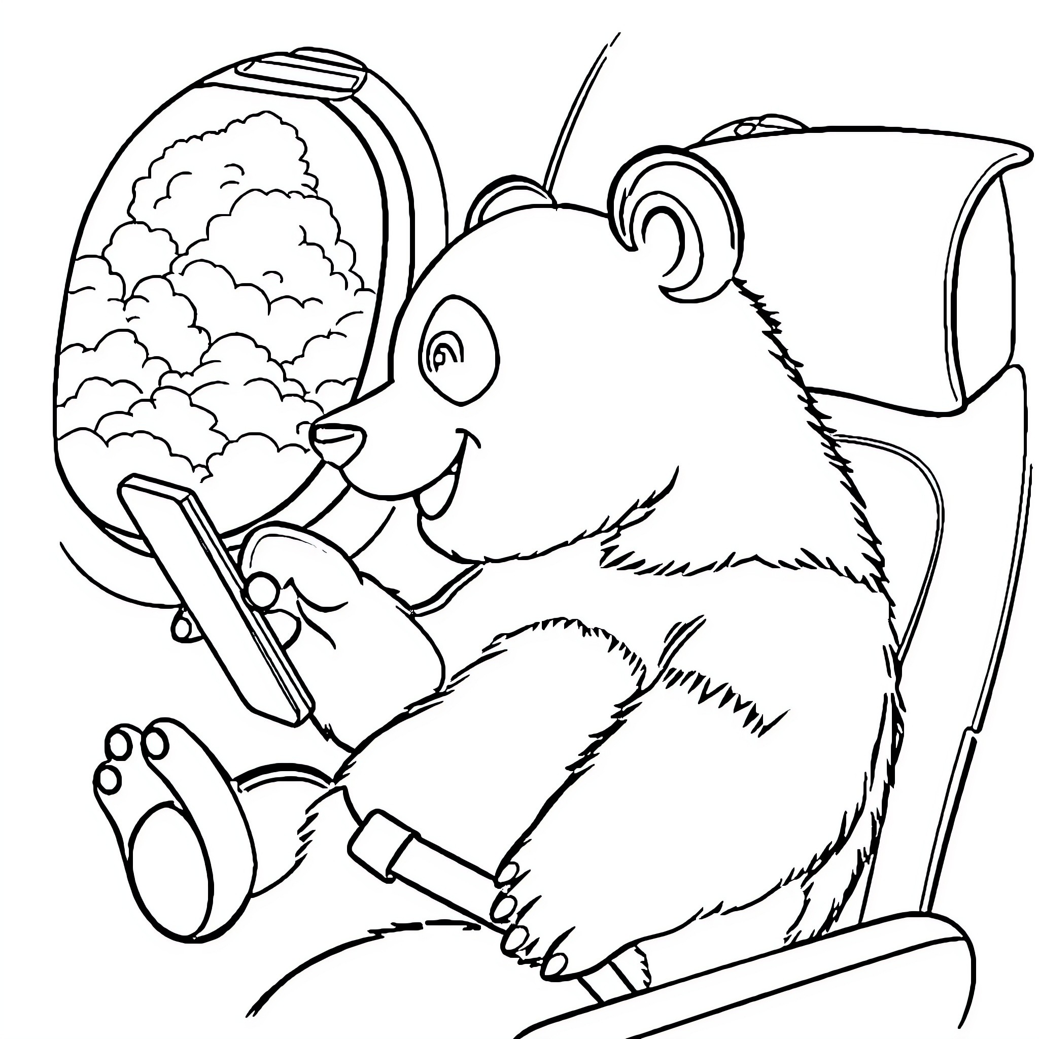 Panda enjoying a book in the backpack Coloring Page (free black-and-white line drawing printable PDF for all, from beginners to advanced learners, including children, teens, adults, and seniors)