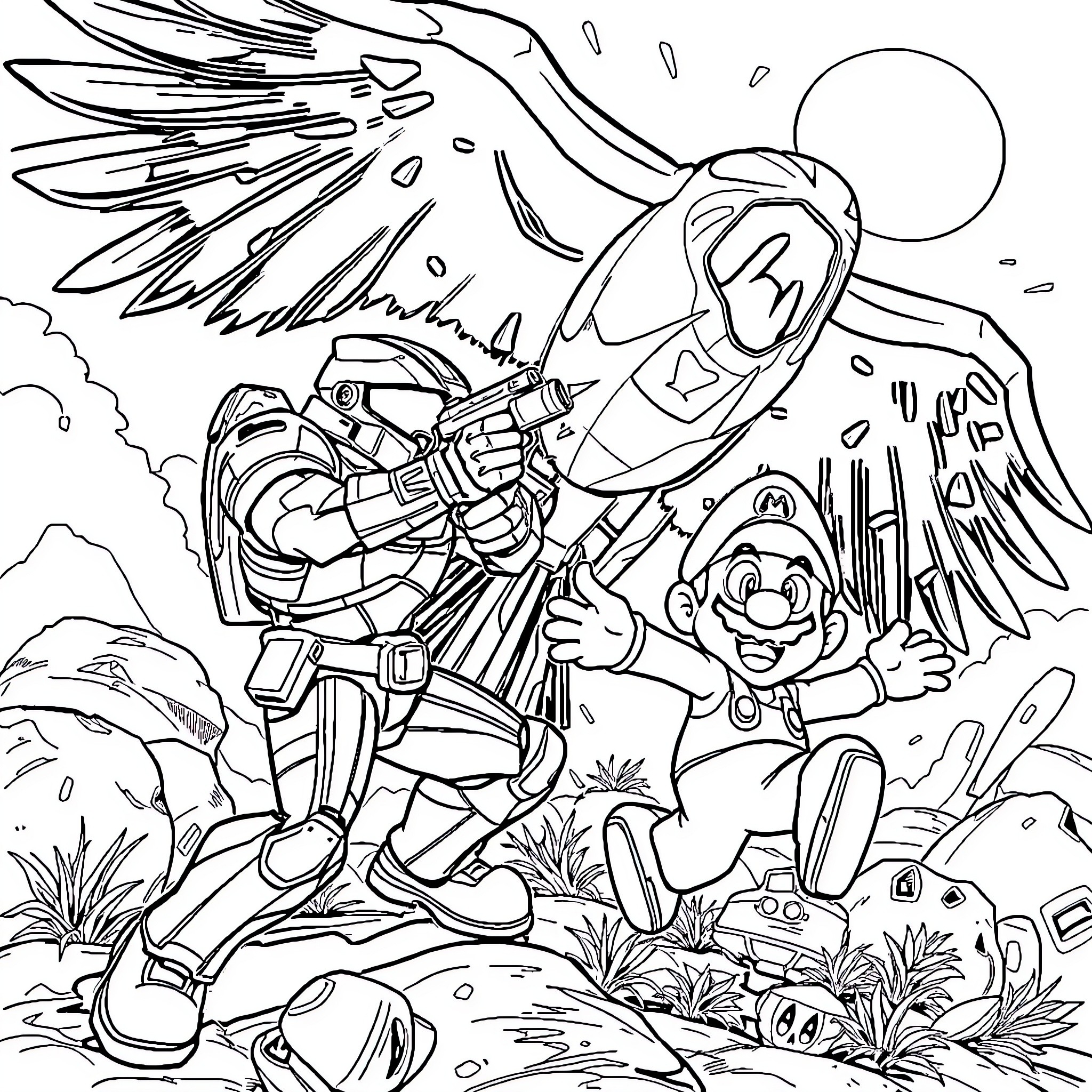 Masterchief and Mario Battling in Explosive Sci-Fi Scene Coloring Page (free black-and-white line drawing printable PDF for all, from beginners to advanced learners, including children, teens, adults, and seniors)