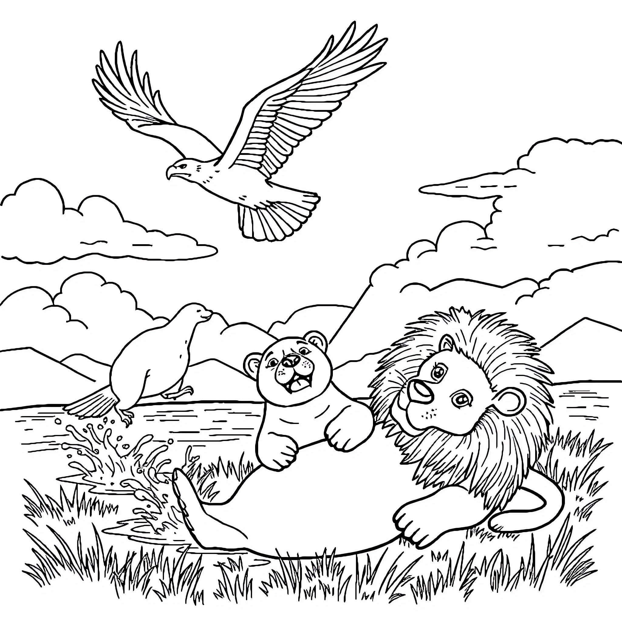Eagle Bulldog Otter Lion playing joyfully in the wilderness Coloring Page (free black-and-white line drawing printable PDF for all, from beginners to advanced learners, including children, teens, adults, and seniors)