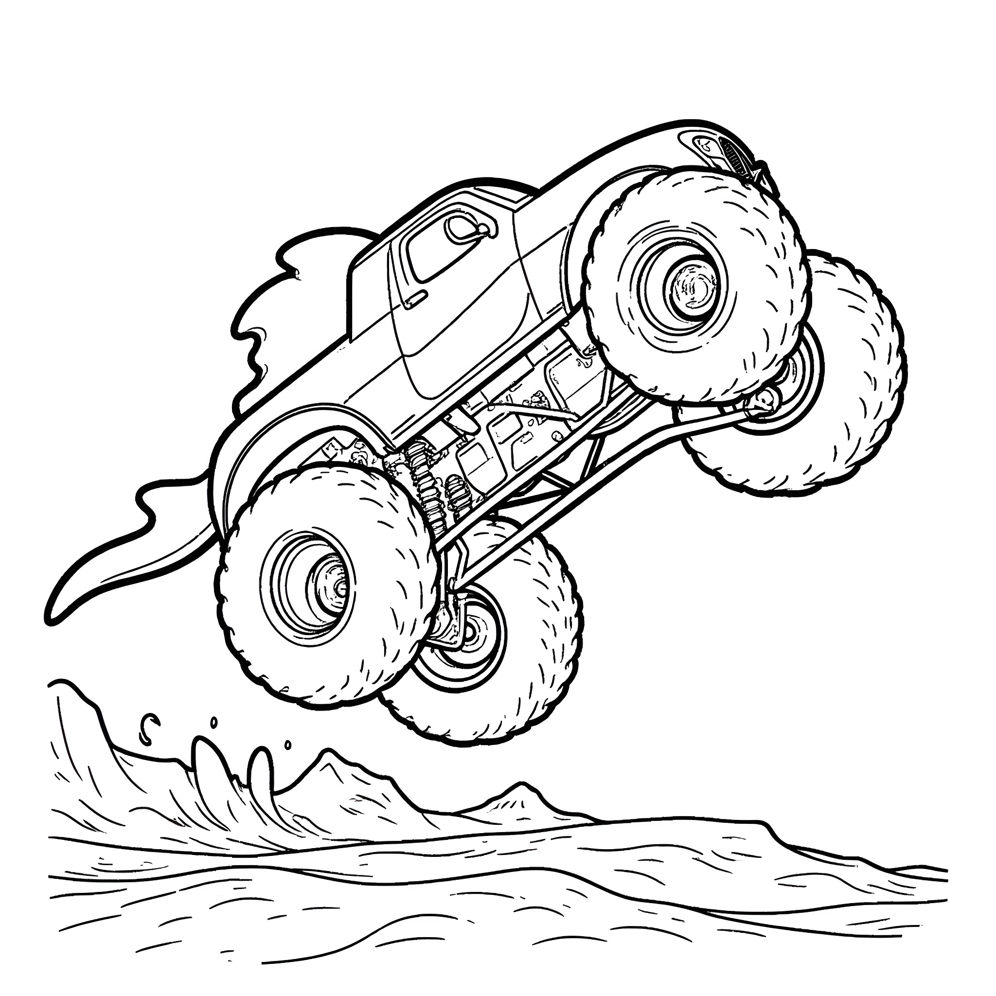 Megalodon monster truck jumping over terrain Coloring Page (free black-and-white line drawing printable PDF for all, from beginners to advanced learners, including children, teens, adults, and seniors)
