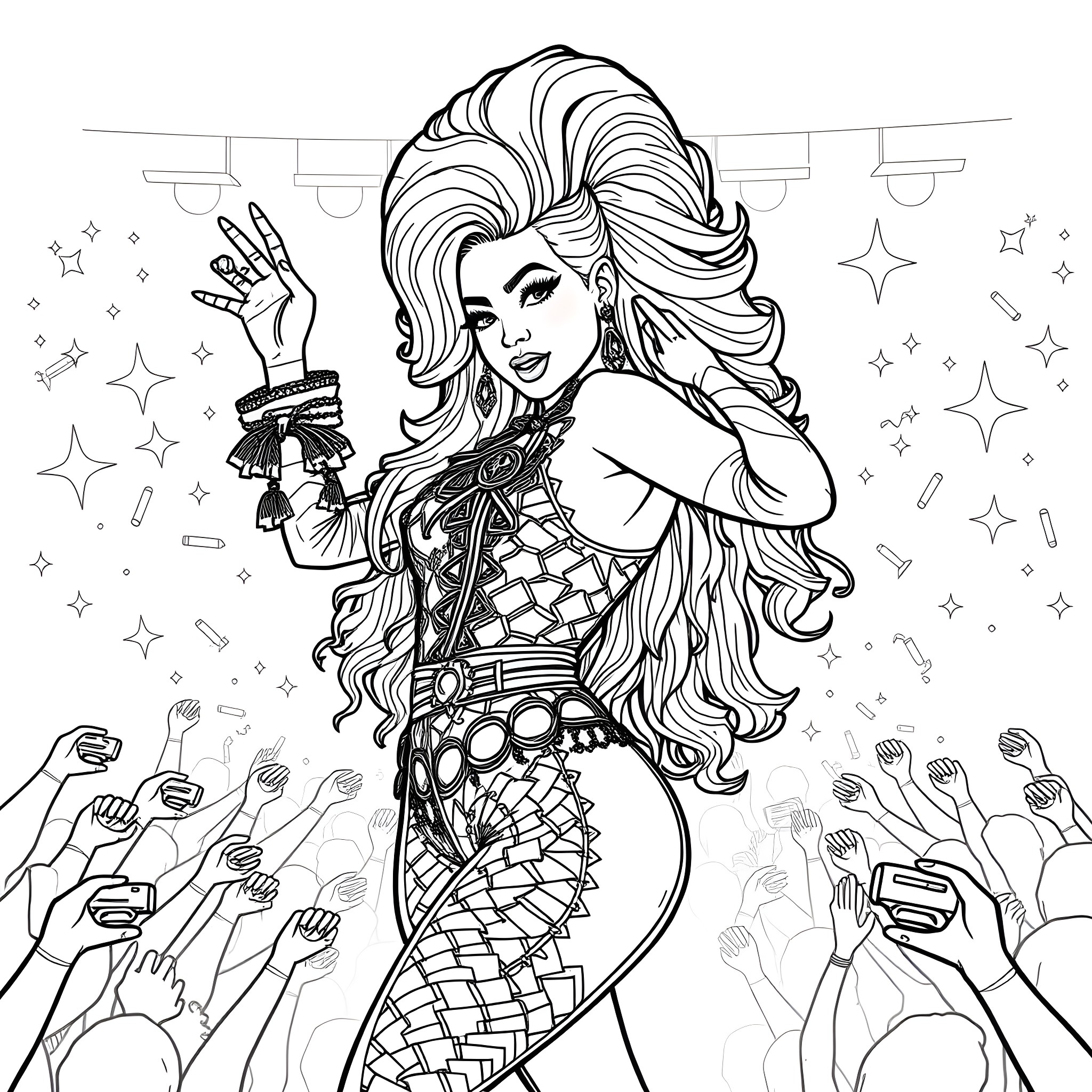 Nicki Minaj performing on stage with fans Coloring Page (free black-and-white line drawing printable PDF for all, from beginners to advanced learners, including children, teens, adults, and seniors)