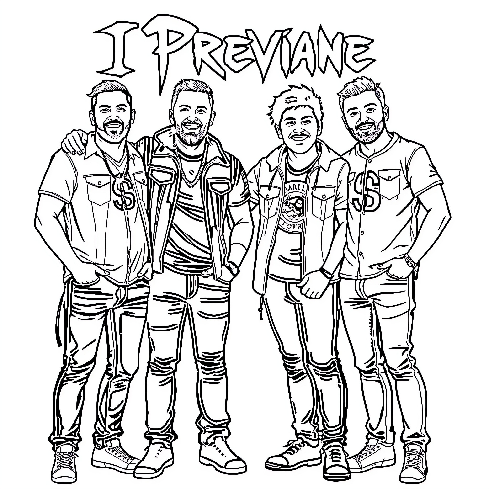 I Prevail: Four Musicians Posing Confidently Coloring Page (free black-and-white line drawing printable PDF for all, from beginners to advanced learners, including children, teens, adults, and seniors)