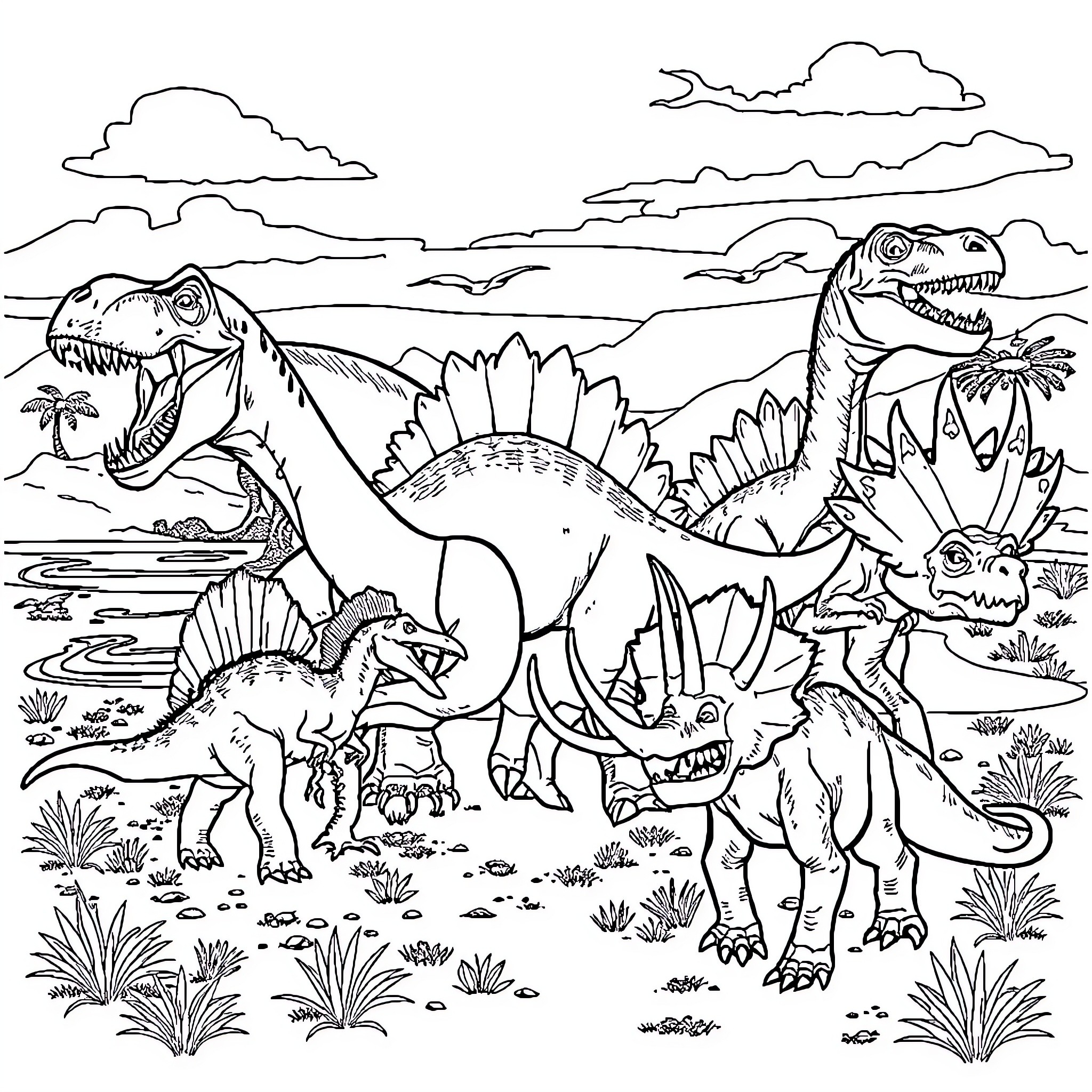 Dinosaurs roaming in prehistoric landscape Coloring Page (free black-and-white line drawing printable PDF for all, from beginners to advanced learners, including children, teens, adults, and seniors)