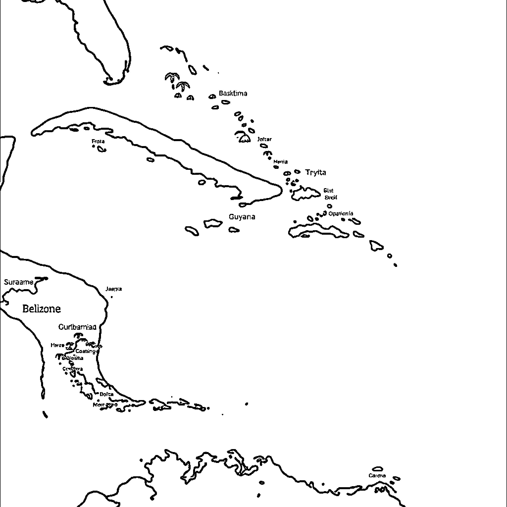 Map of Caribbean islands and coastlines Coloring Page (free black-and-white line drawing printable PDF for all, from beginners to advanced learners, including children, teens, adults, and seniors)
