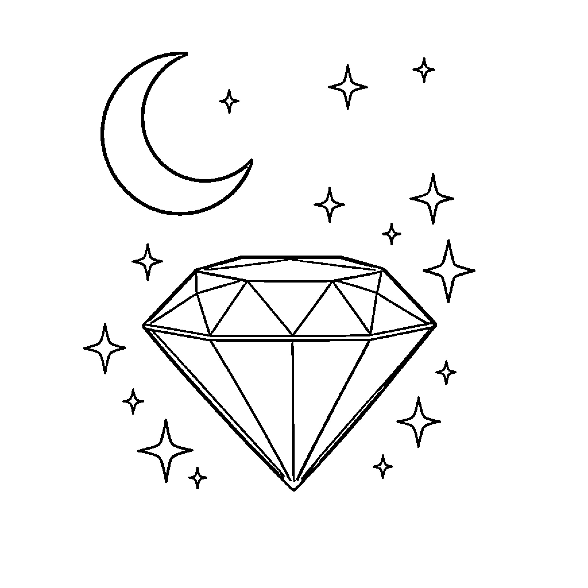 Diamond Sparkling Under the Starry Night Coloring Page (free black-and-white line drawing printable PDF for all, from beginners to advanced learners, including children, teens, adults, and seniors)
