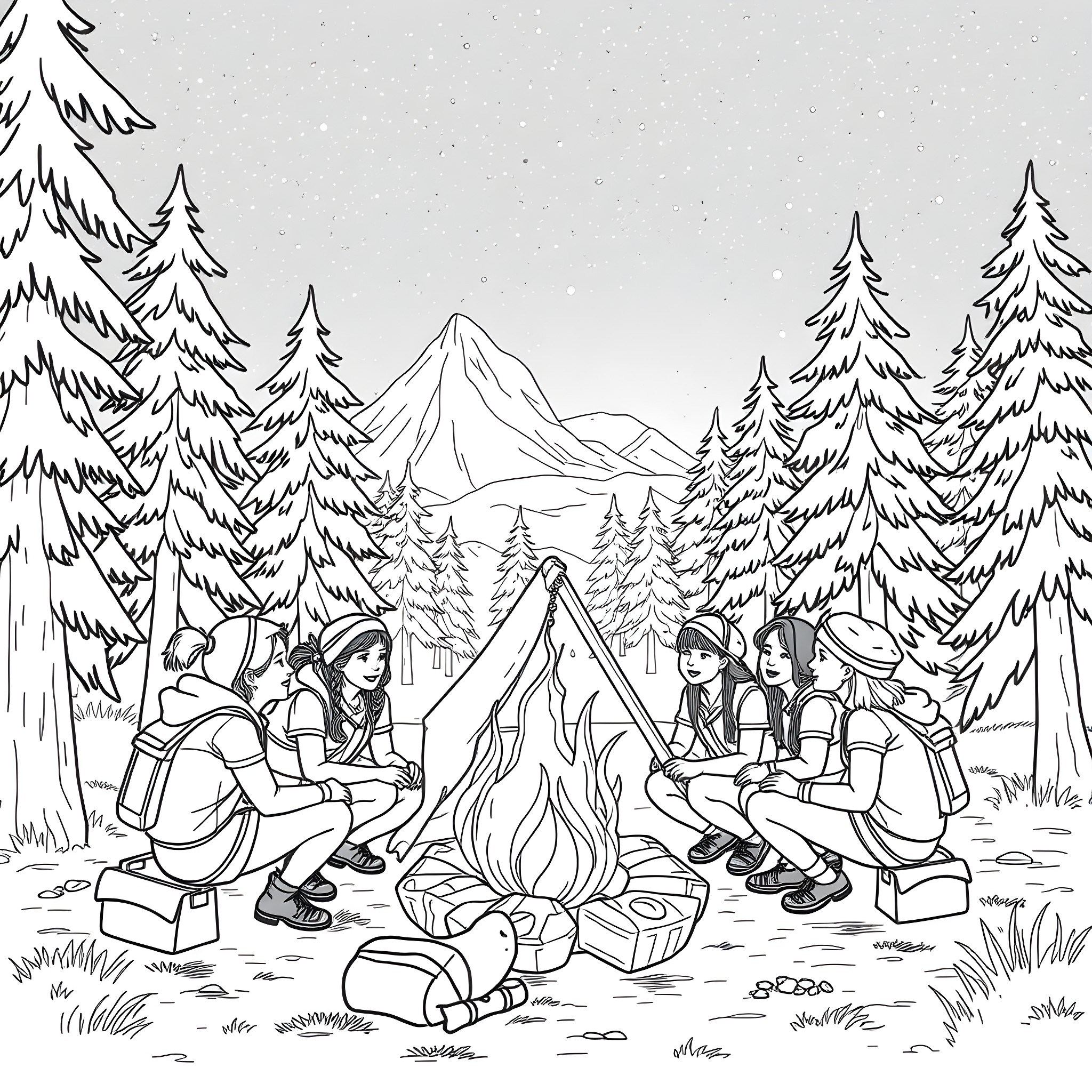 Girlguide friends gather around campfire in snowy forest Coloring Page (free black-and-white line drawing printable PDF for all, from beginners to advanced learners, including children, teens, adults, and seniors)