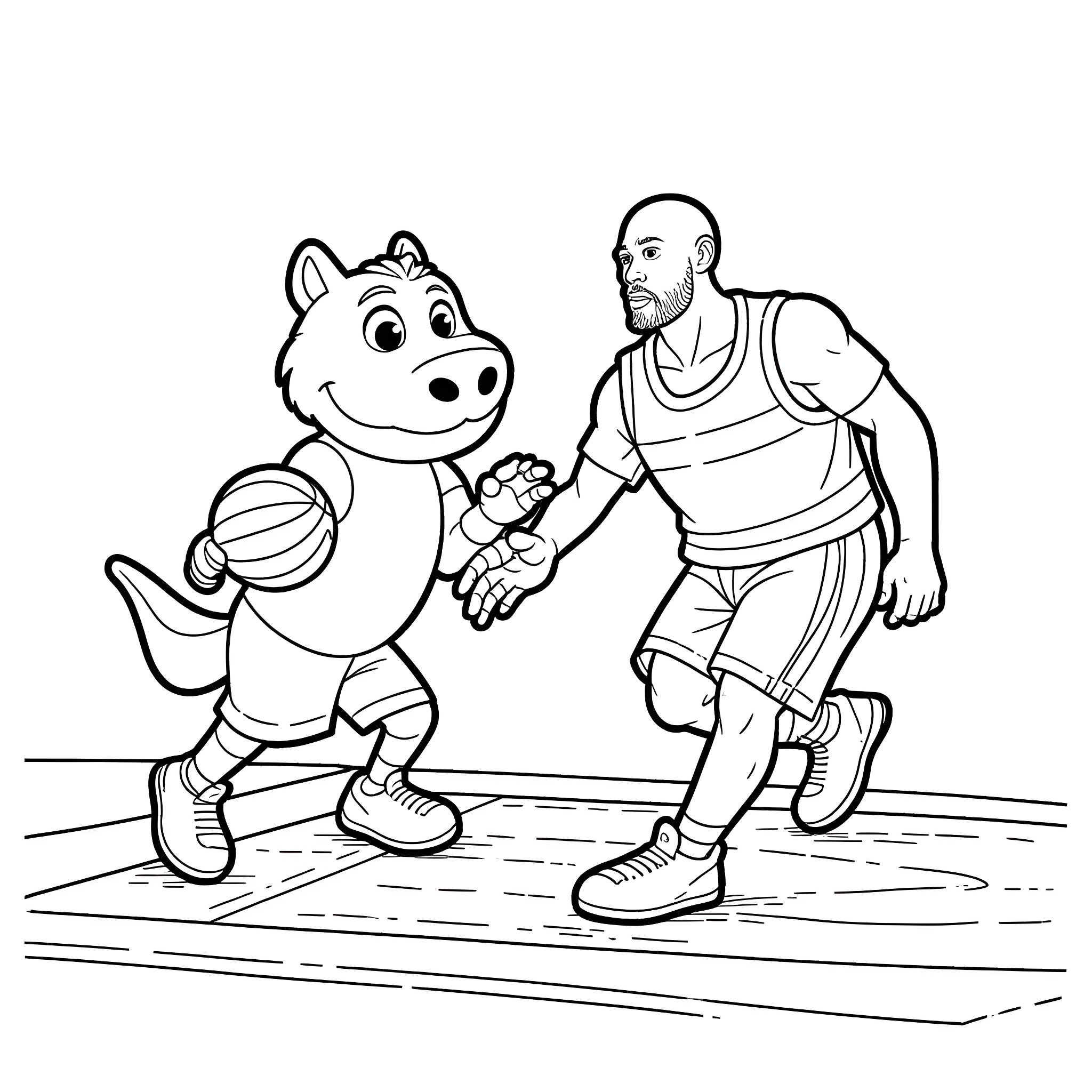 Sparty playing basketball with athlete on court Coloring Page (free black-and-white line drawing printable PDF for all, from beginners to advanced learners, including children, teens, adults, and seniors)