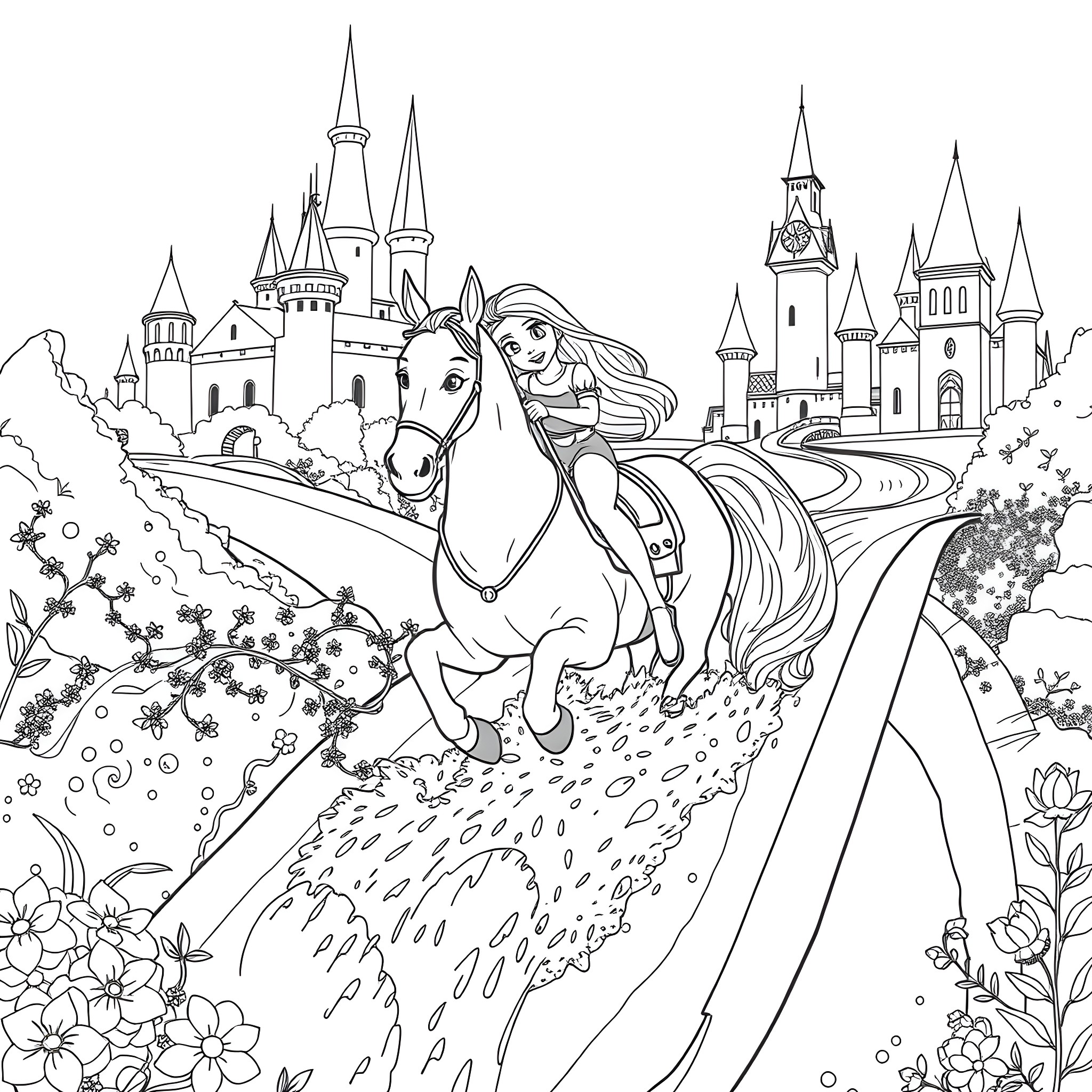 Rapunzel riding a horse to the enchanted castle Coloring Page (free black-and-white line drawing printable PDF for all, from beginners to advanced learners, including children, teens, adults, and seniors)