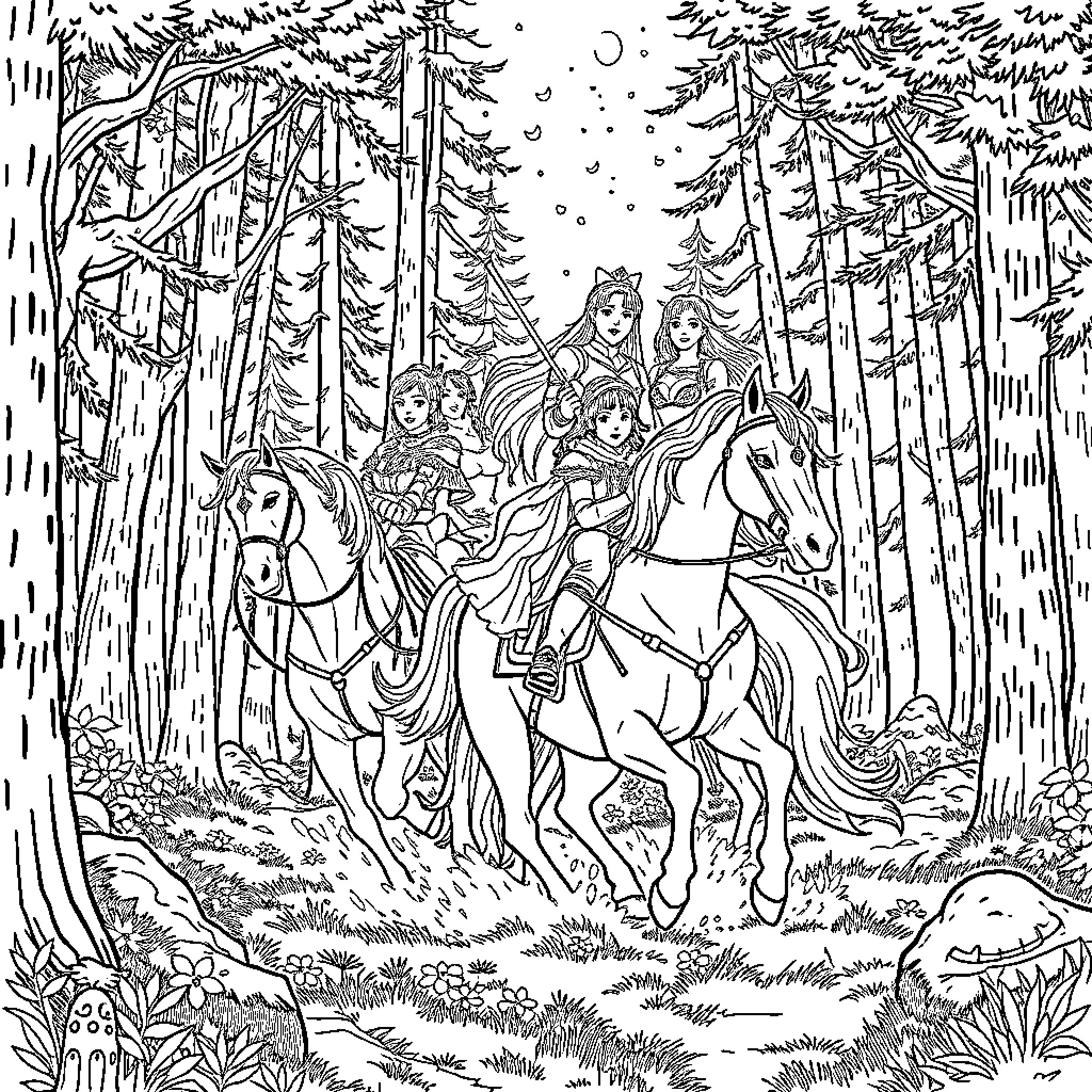 Demon Hunter Adventuring Through Enchanted Forest Coloring Page (free black-and-white line drawing printable PDF for all, from beginners to advanced learners, including children, teens, adults, and seniors)