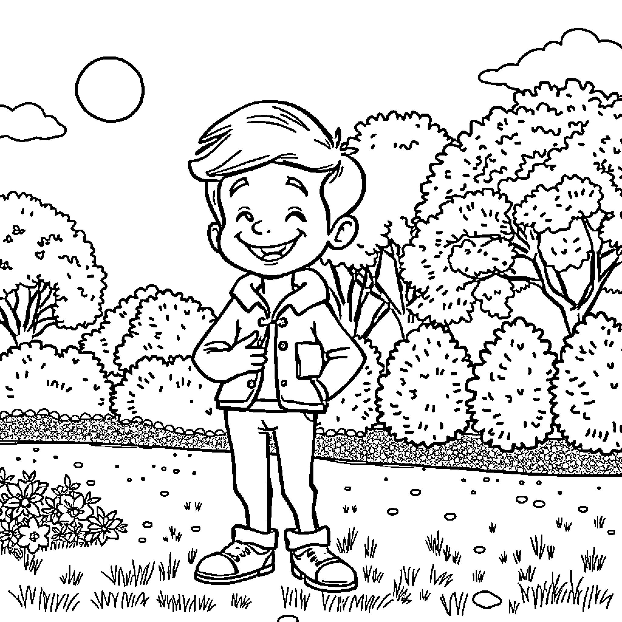 Valentine's Stroll Through the Peaceful Countryside Coloring Page (free black-and-white line drawing printable PDF for all, from beginners to advanced learners, including children, teens, adults, and seniors)