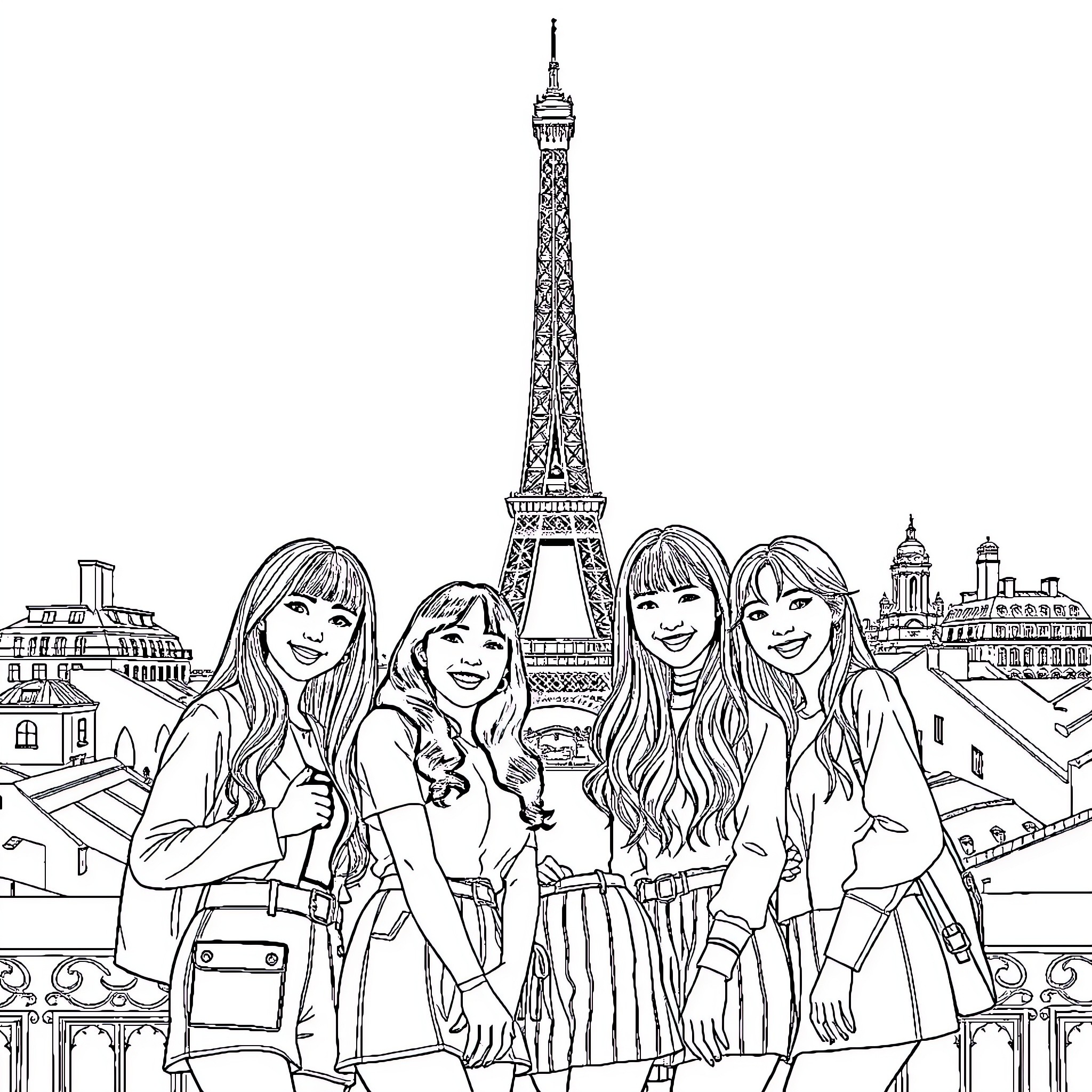 Blackpink posing stylishly in front of the Eiffel Tower Coloring Page (free black-and-white line drawing printable PDF for all, from beginners to advanced learners, including children, teens, adults, and seniors)