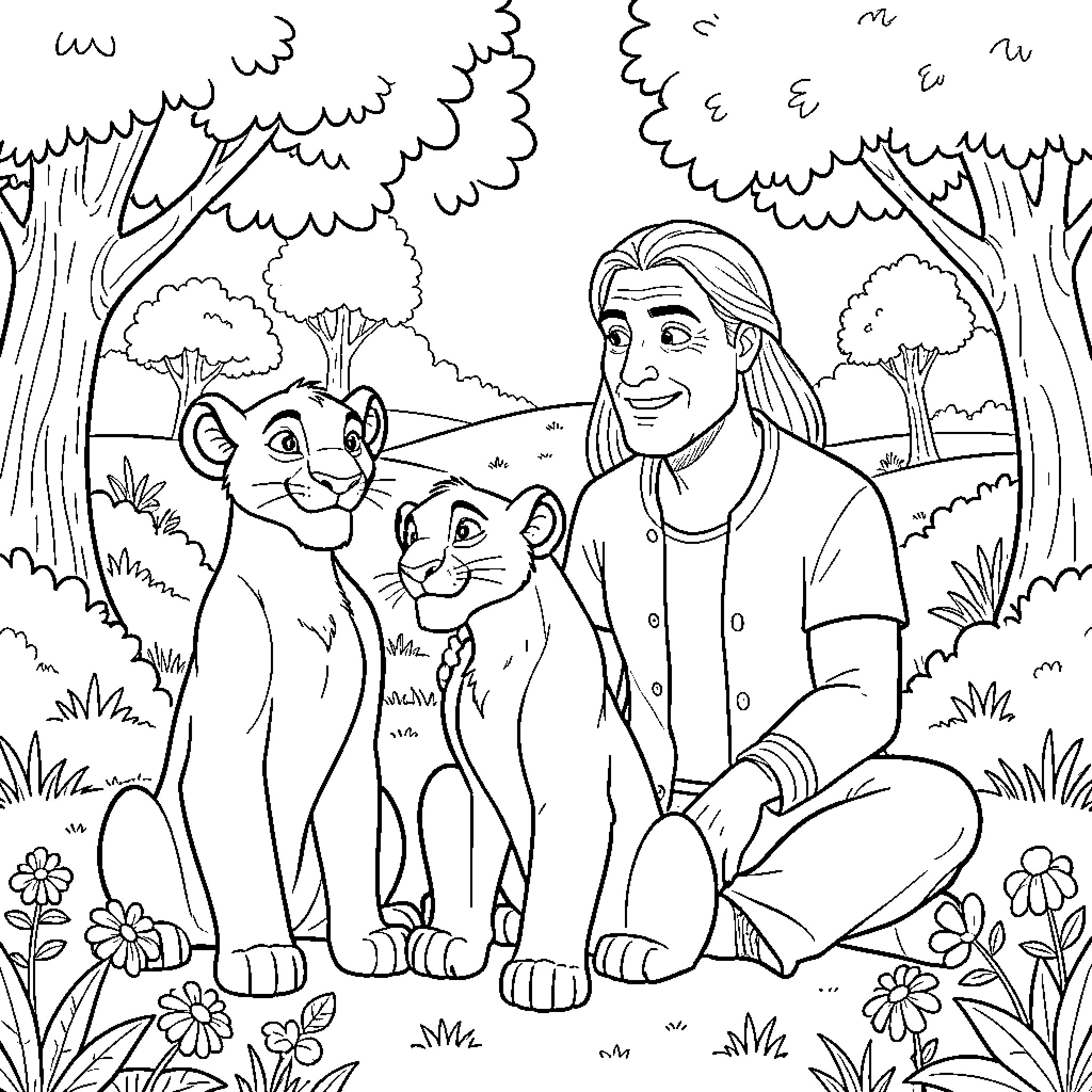 Simba and friends sitting peacefully with a man Coloring Page (free black-and-white line drawing printable PDF for all, from beginners to advanced learners, including children, teens, adults, and seniors)