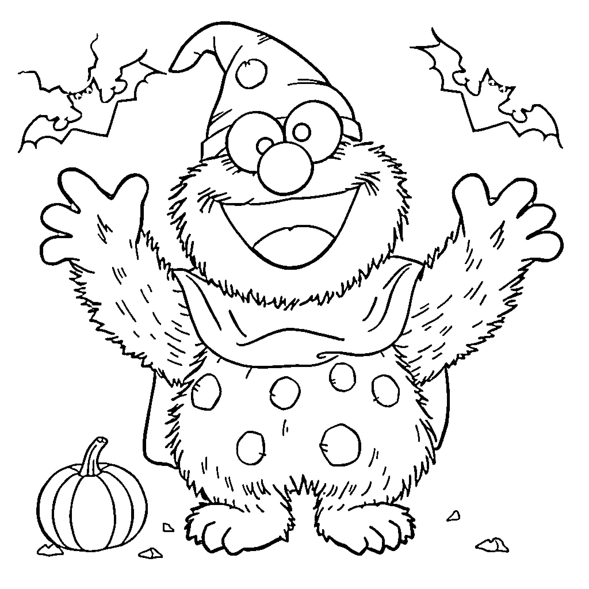 Cookie Monster wearing spotted costume in Halloween scene Coloring Page (free black-and-white line drawing printable PDF for all, from beginners to advanced learners, including children, teens, adults, and seniors)